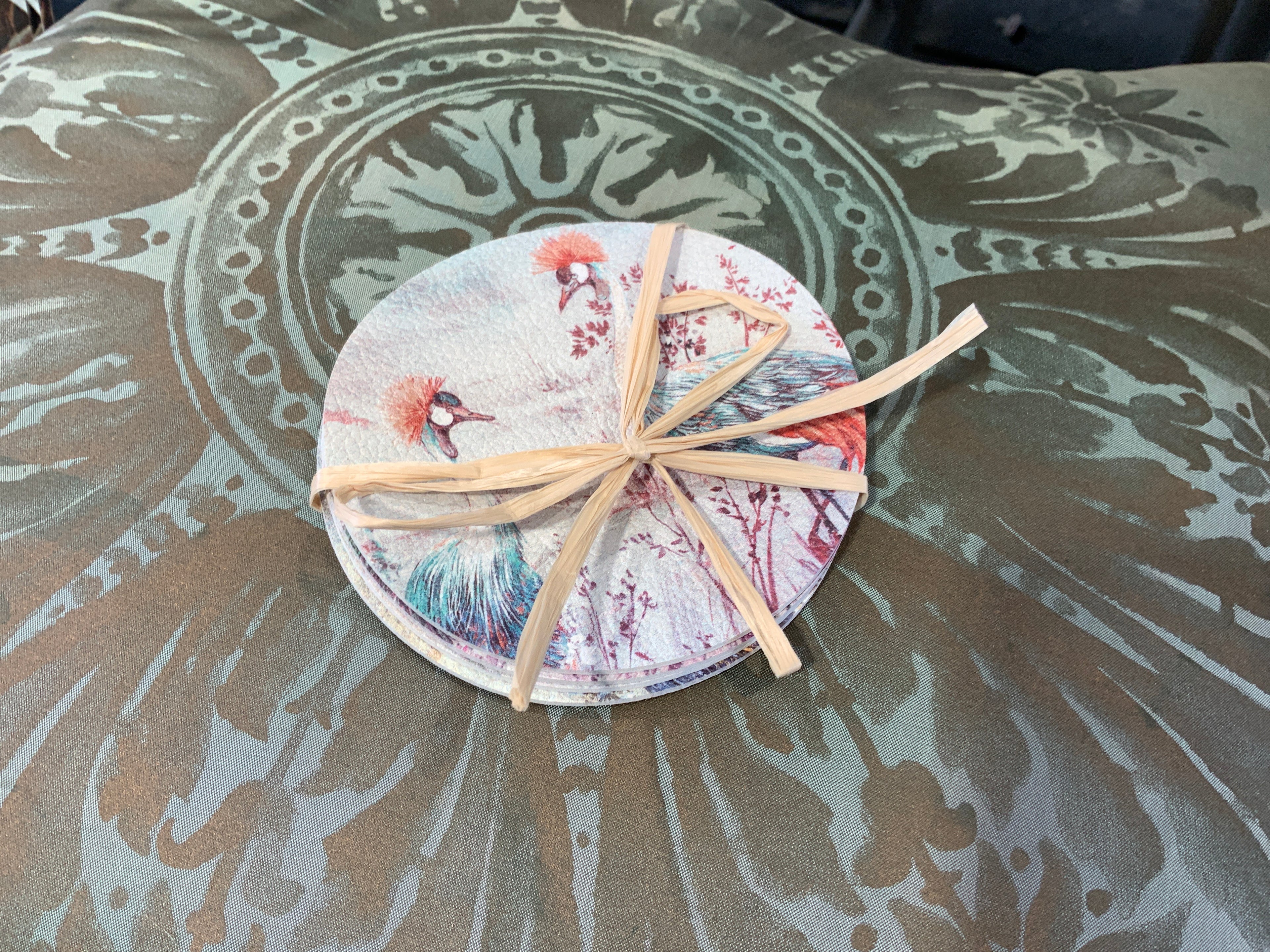 Crested Crane Vegan Leather Round Coasters