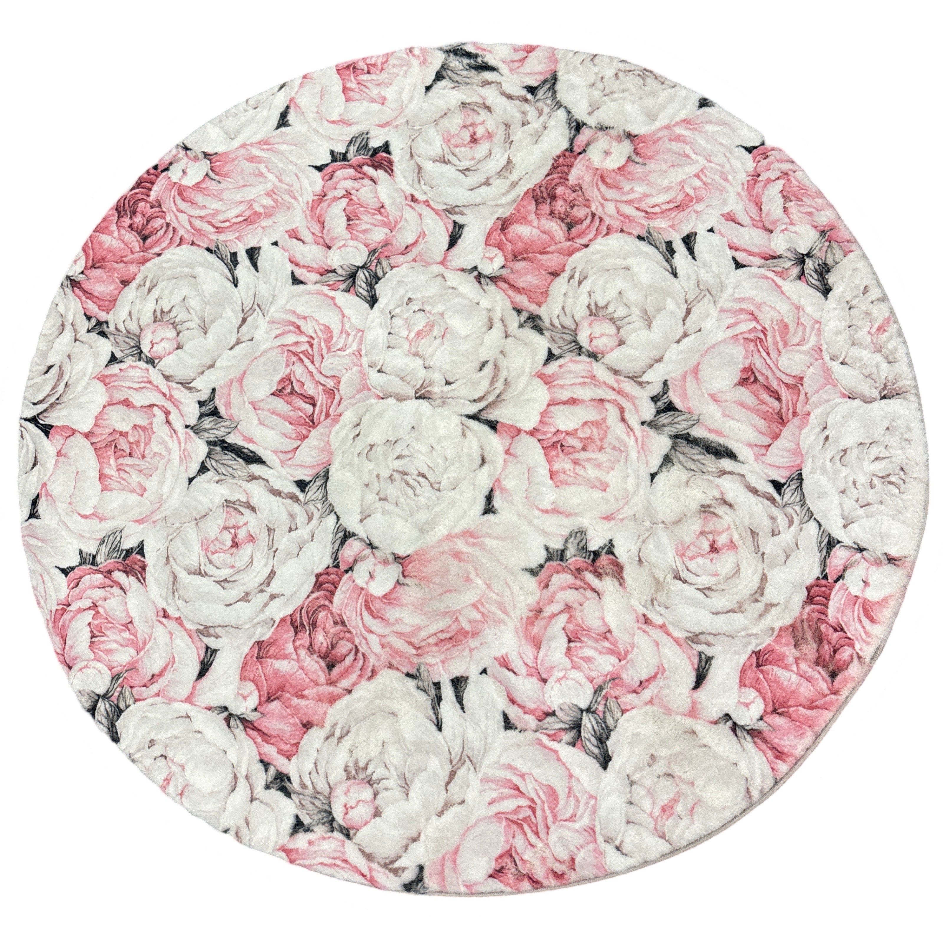 Peony Passion – Waschbarer, runder Teppich „Cloud“ in Zartrosa