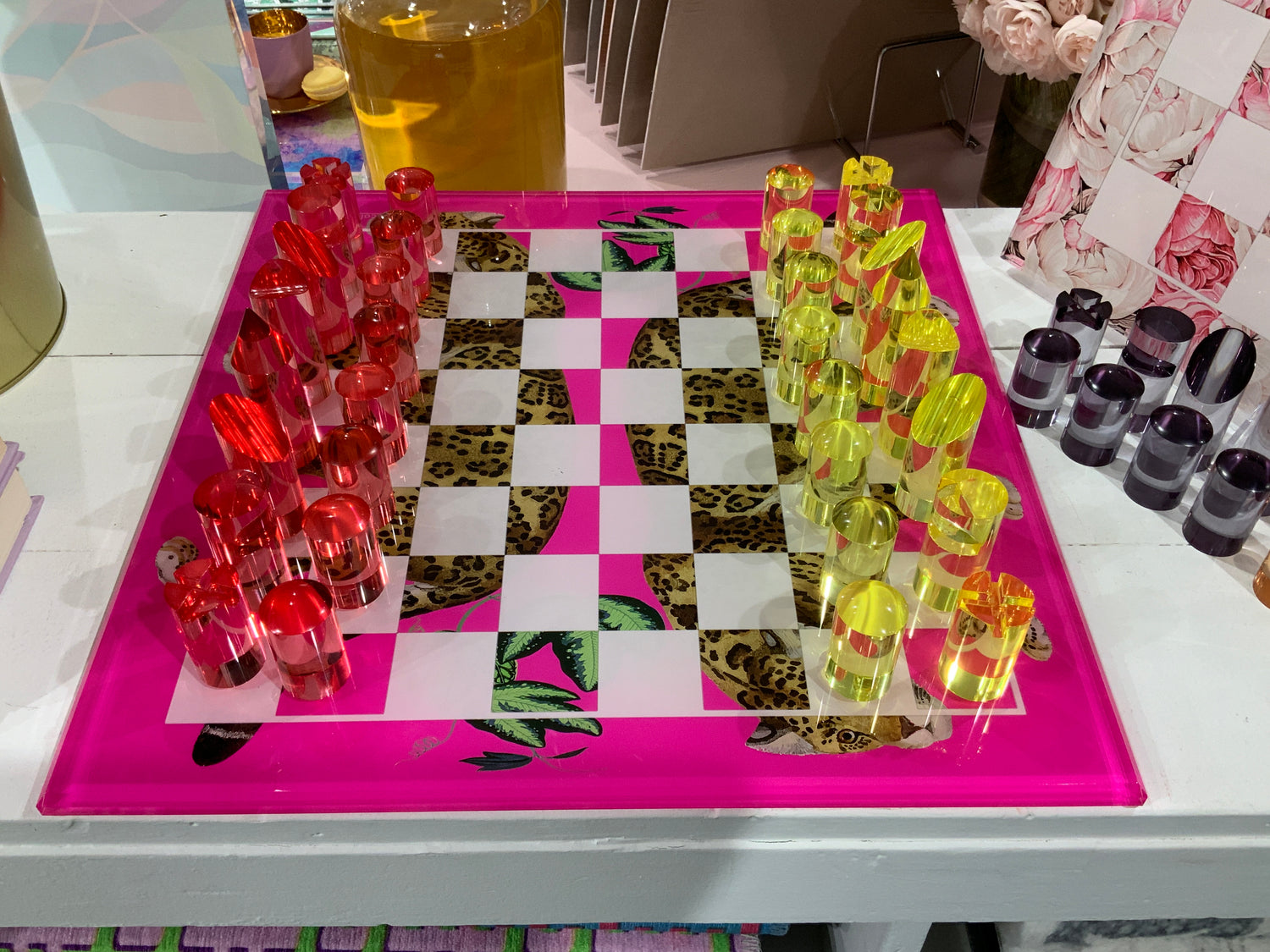 Leopard Seeing Double Hot Pink Acrylic Chess