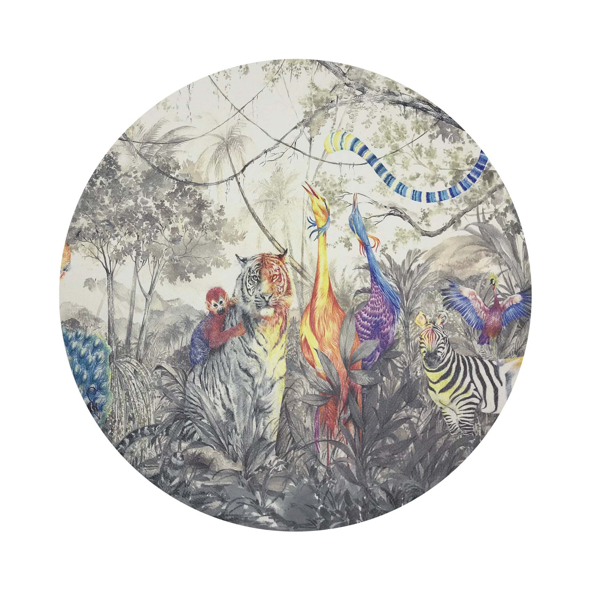 Arcadia Tiger And Zebra Scene 16" Round Pebble Placemats, Set of 4 - nicolettemayer.com