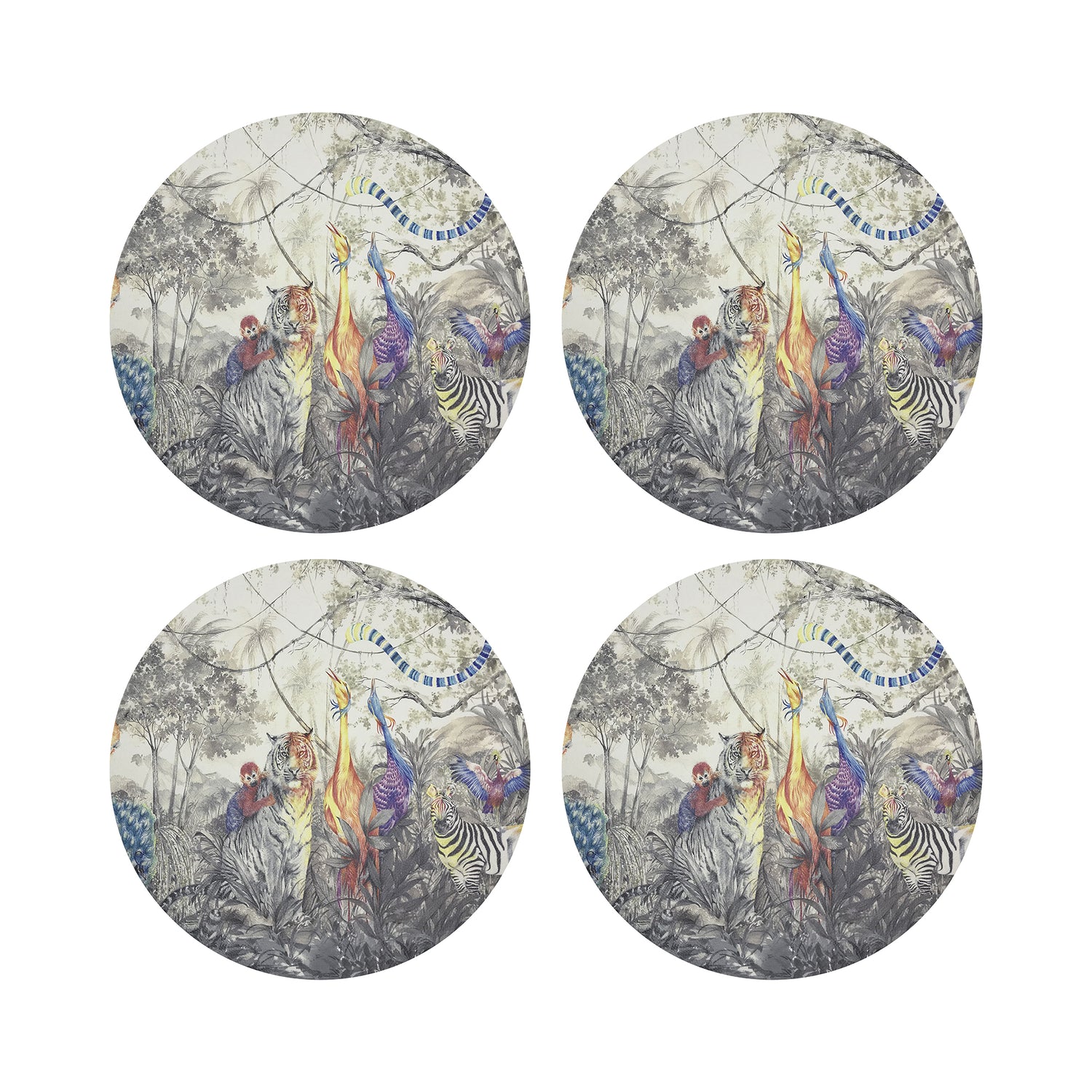 Arcadia Tiger And Zebra Scene 16" Round Pebble Placemats, Set of 4 - nicolettemayer.com