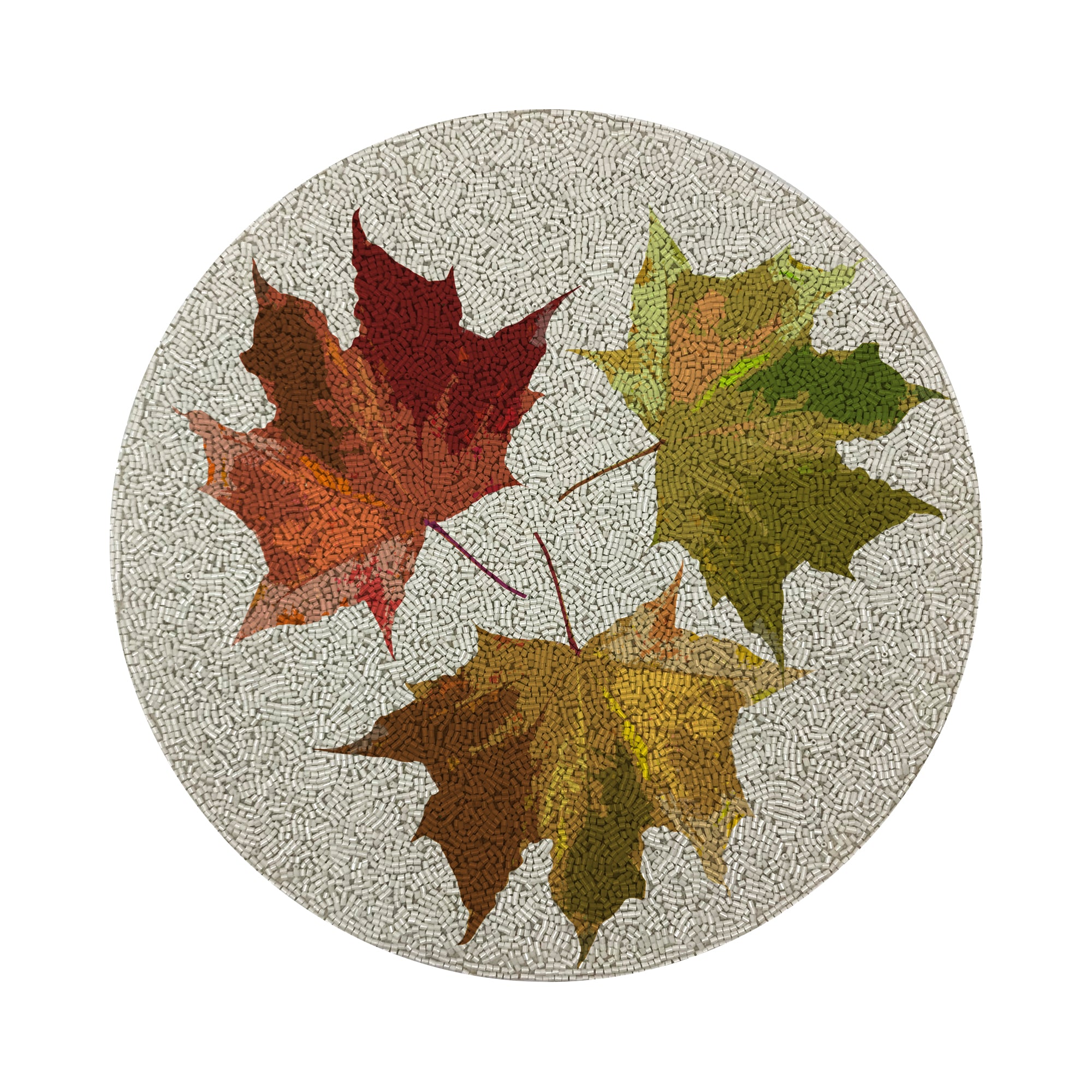 Autumn Leaves White Round Beaded Placemat Rough Cut