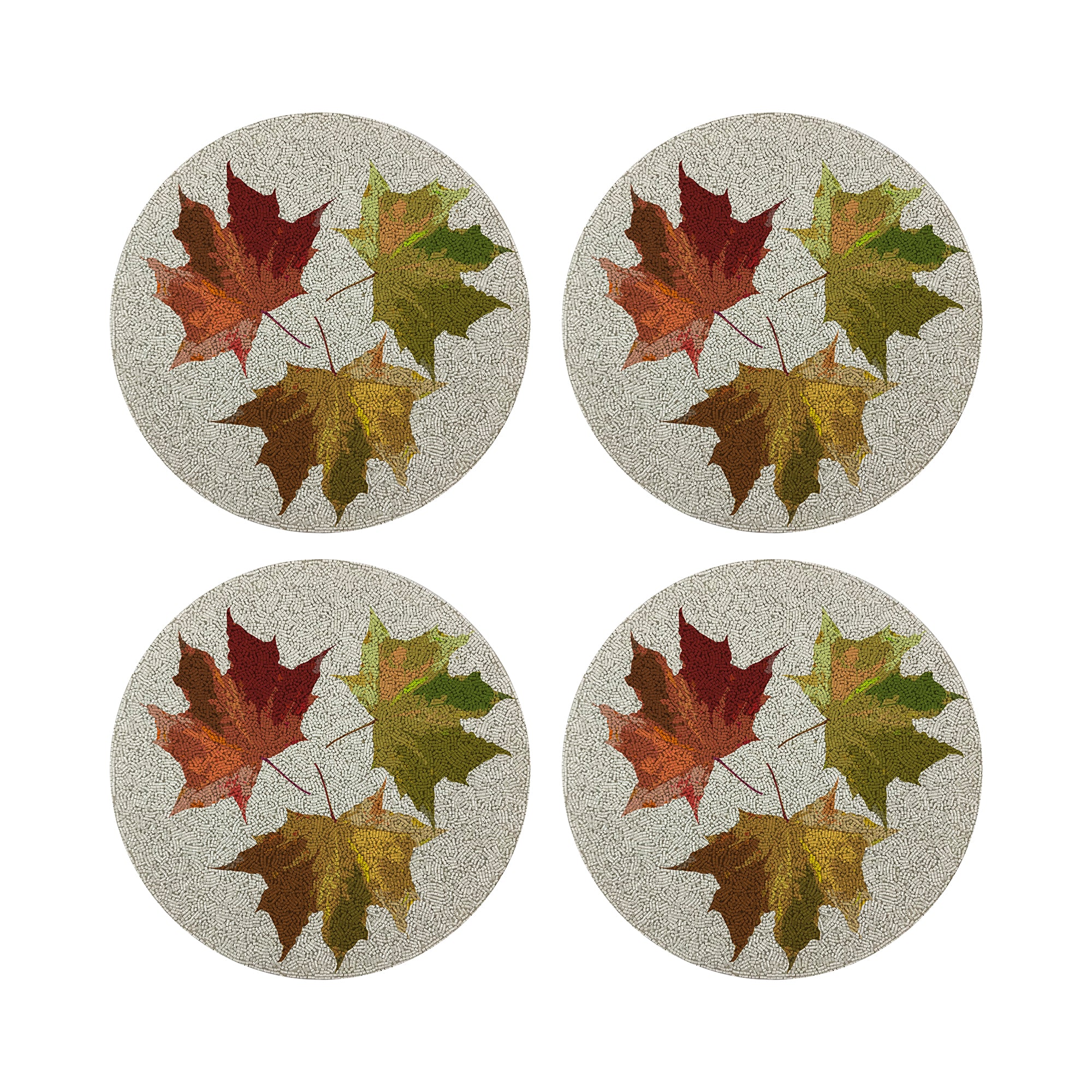 Autumn Leaves White Round Beaded Placemat Rough Cut