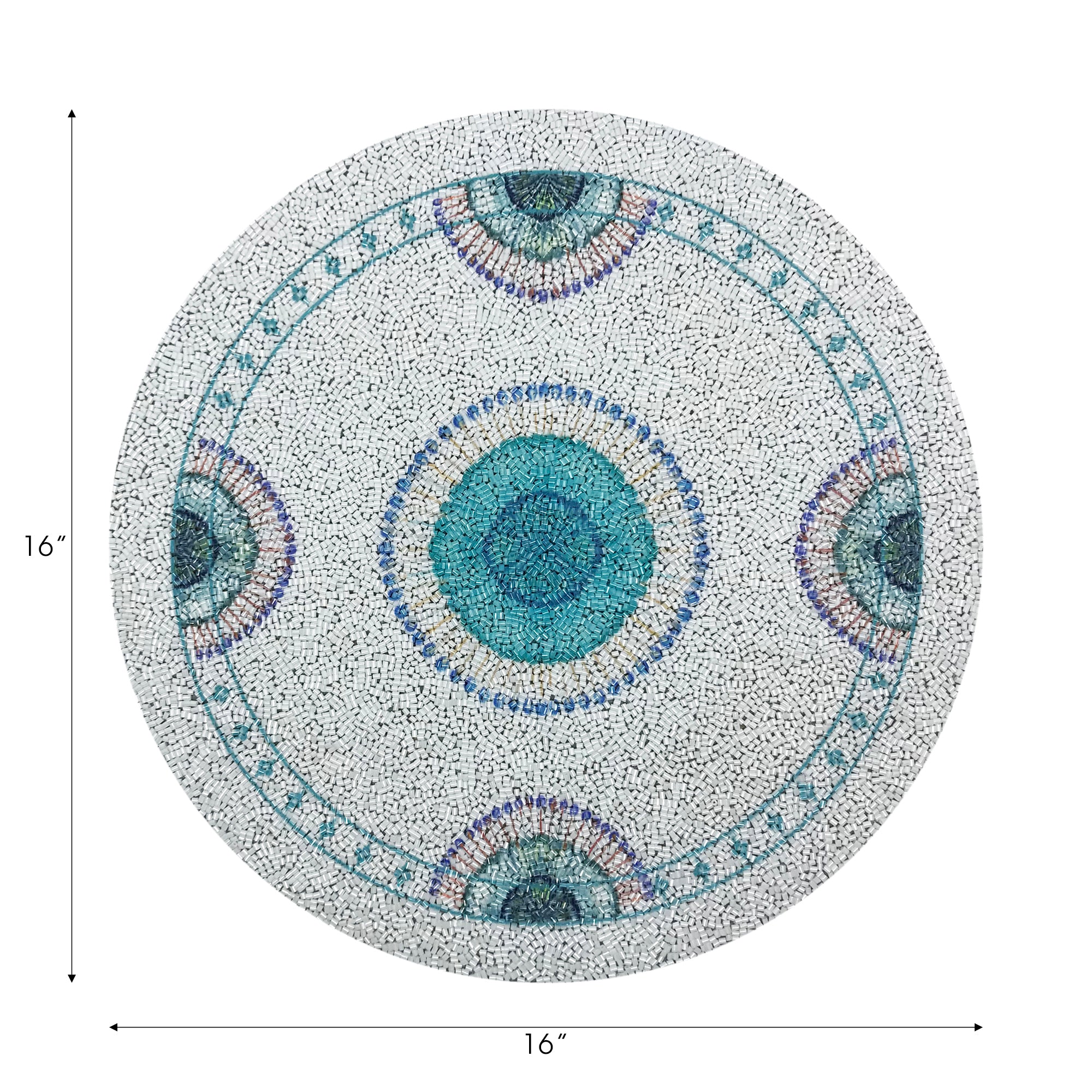 Round decorative mat with a blue center and multicolored border, shown with dimensions on a white background.