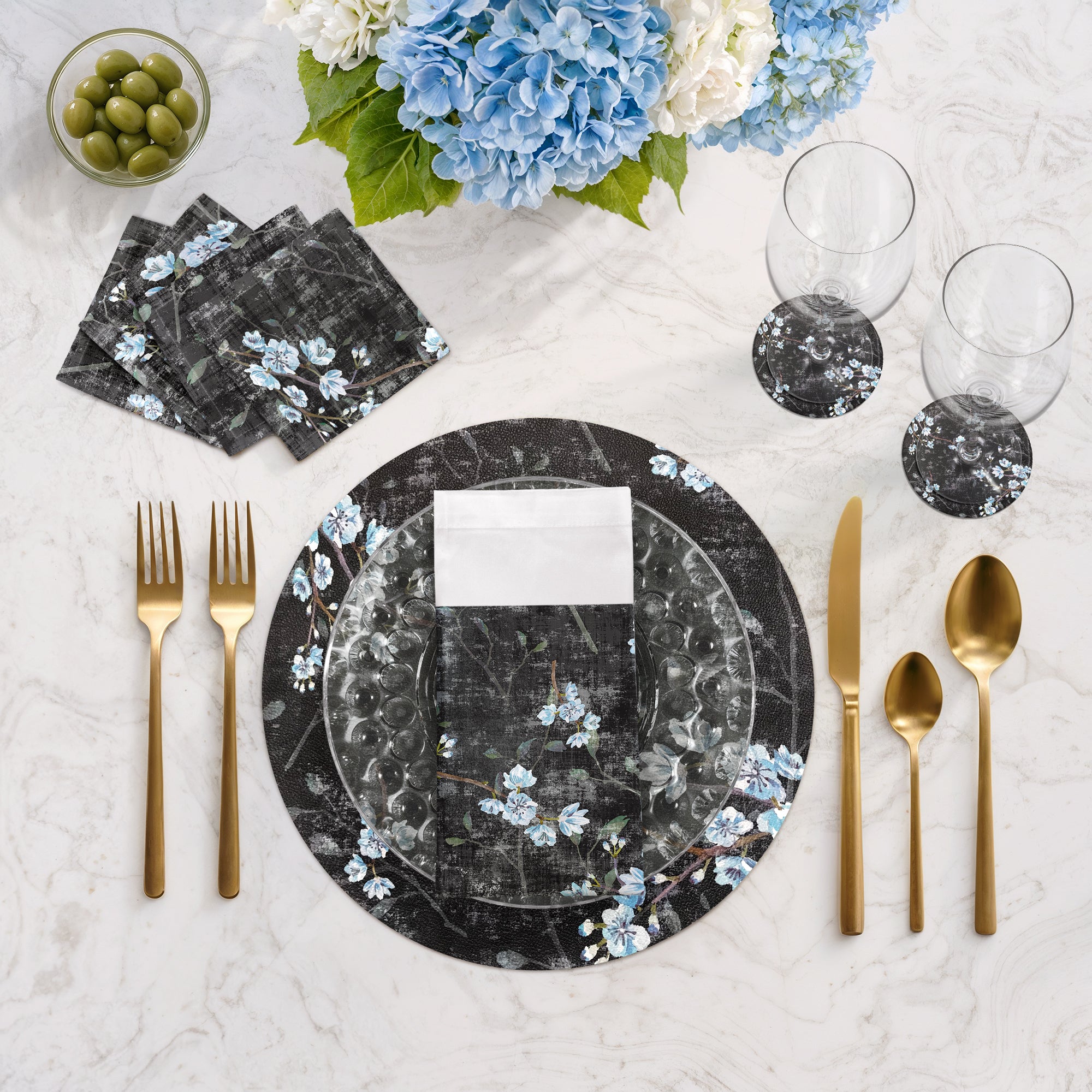 Blossom Fantasia Black Blue 16 Round Pebble Placemats, Set Of 4 - nicolettemayer.com