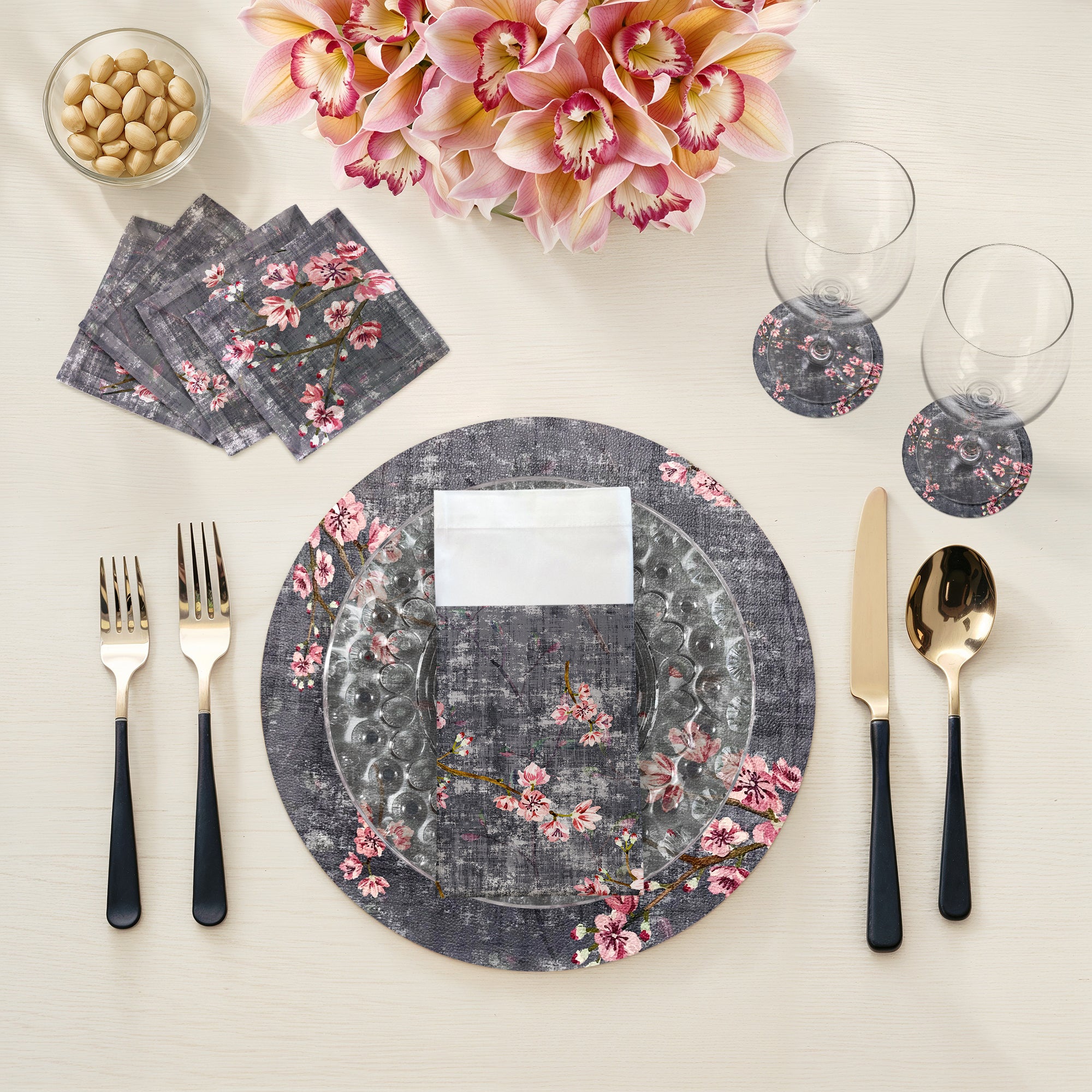 Blossom Fantasia Charcoal 16 Round Pebble Placemats, Set Of 4 - nicolettemayer.com