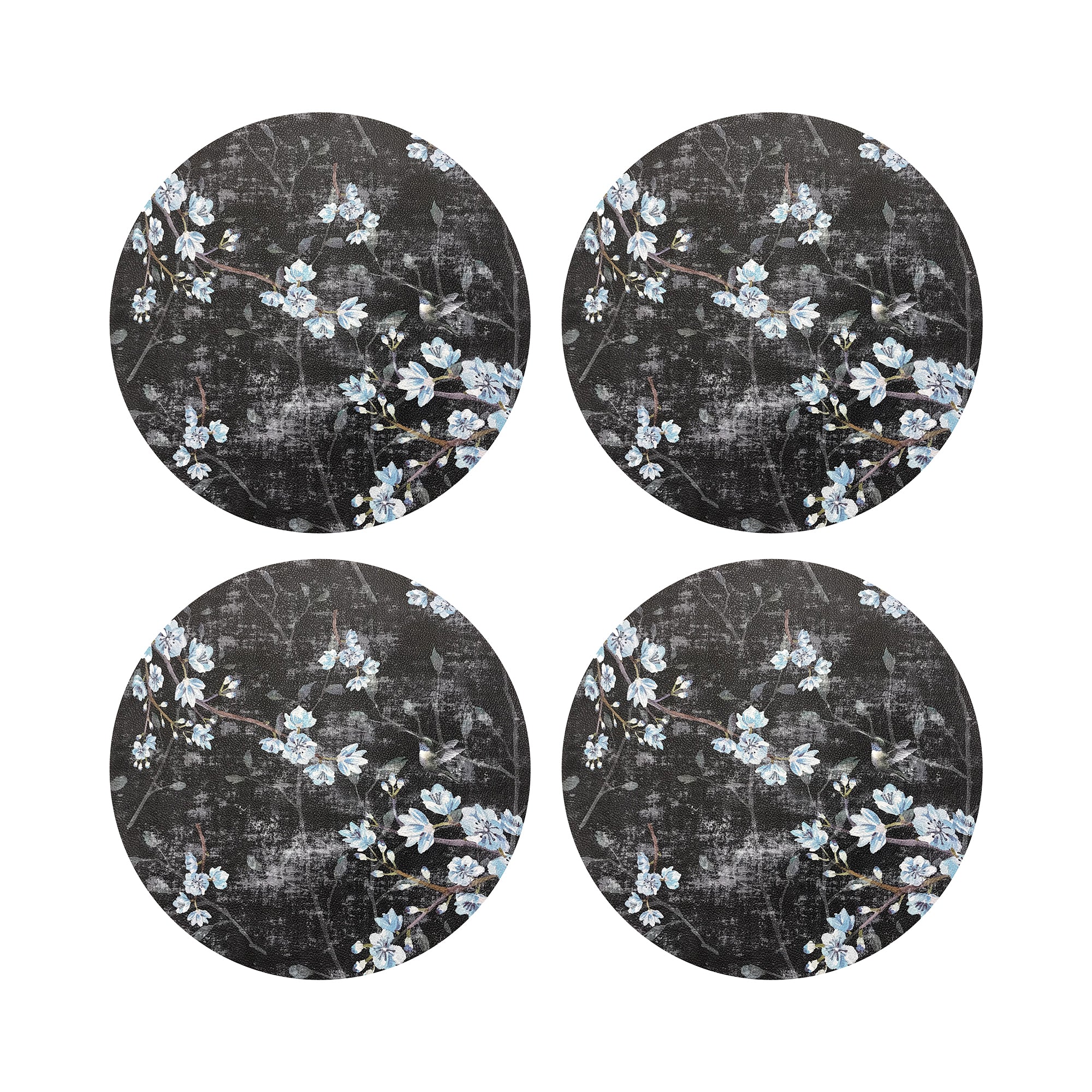 Blossom Fantasia Black Blue 16" Round Pebble Placemats, Set of 4 - nicolettemayer.com