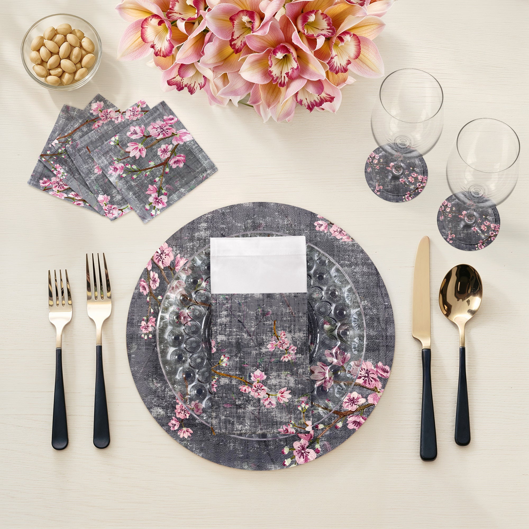 Blossom Fantasia Black Pink 16" Round Pebble Placemats, Set of 4 - nicolettemayer.com