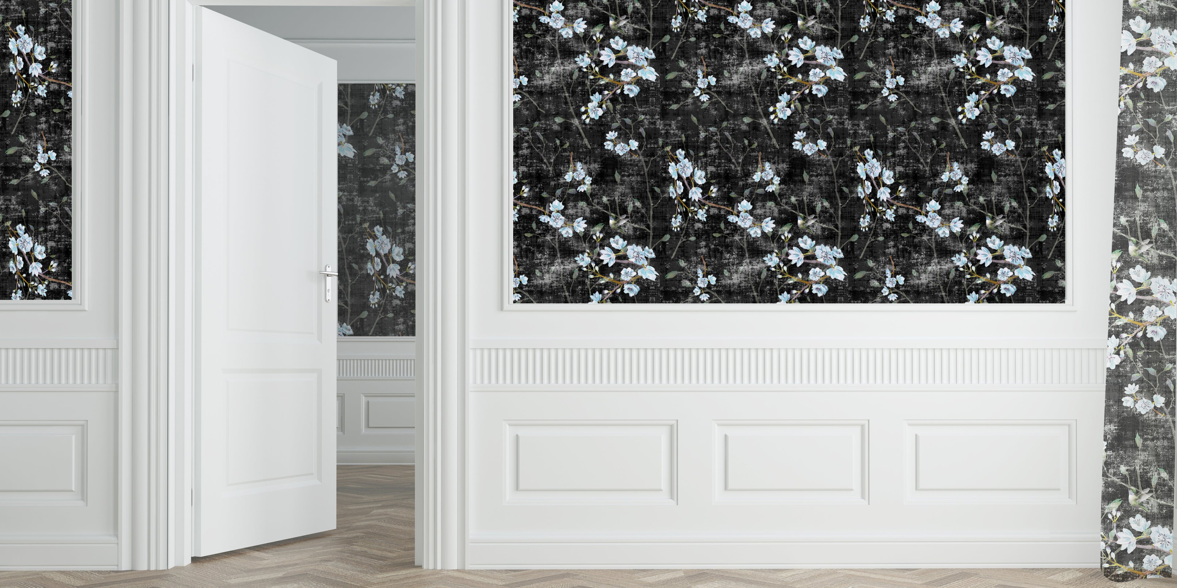 Blossom Fantasia Black Blue Grasscloth Printed Wallpaper