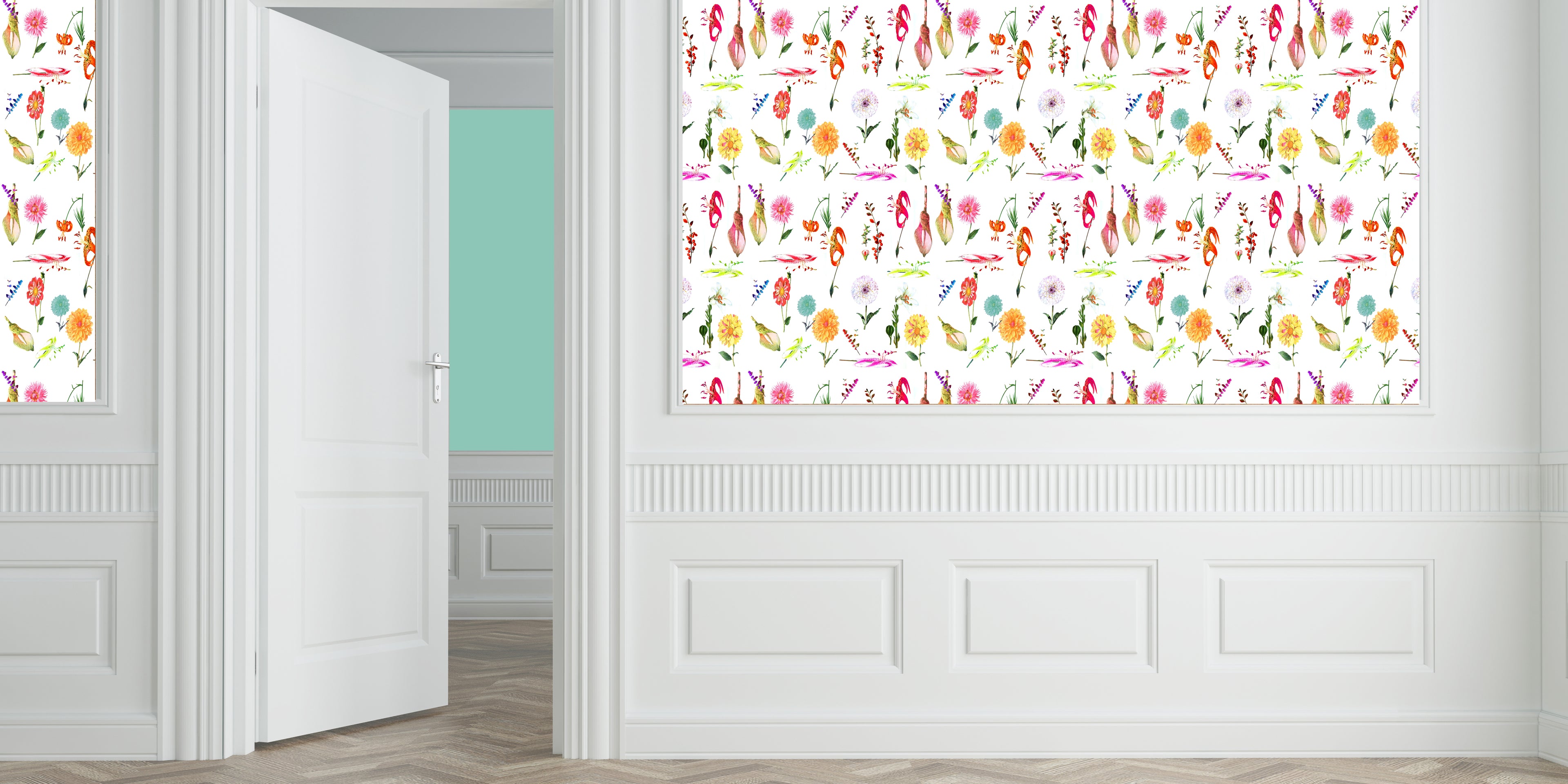 Botanical White Grasscloth Printed Wallpaper