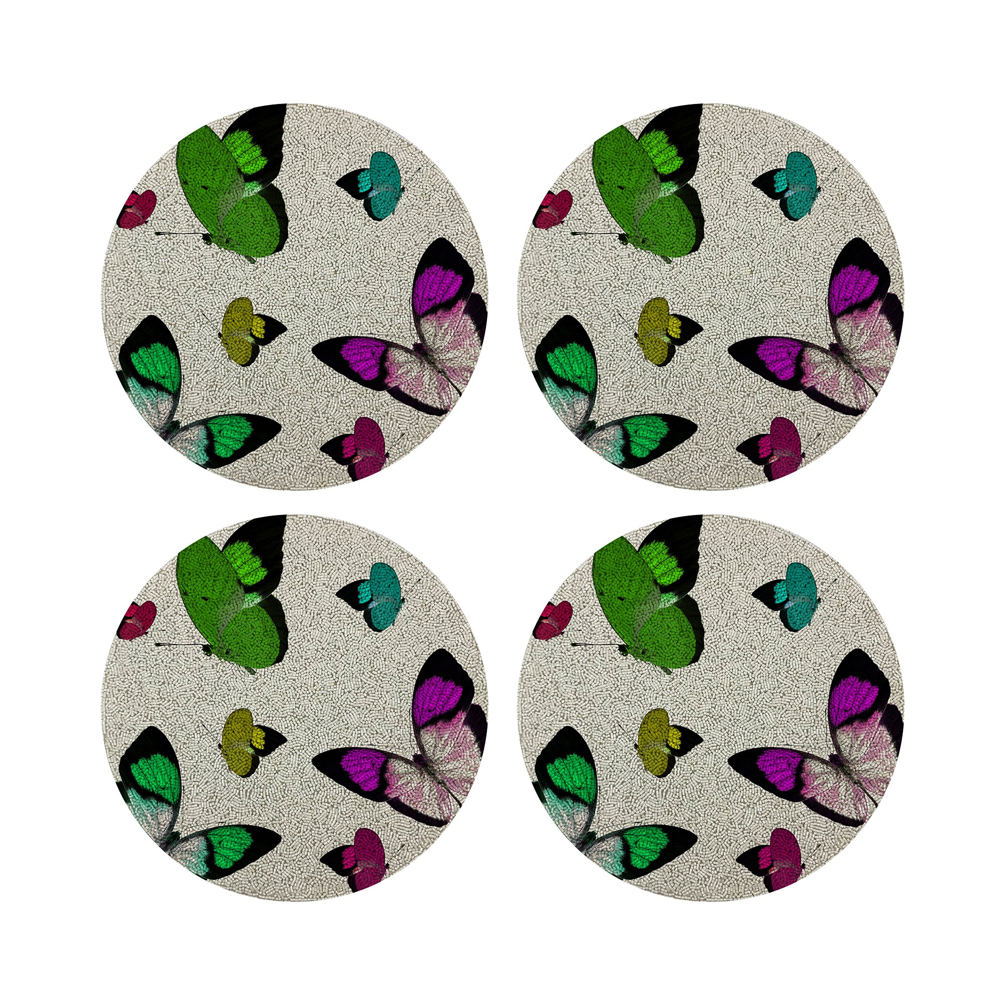 Butterflies Acid Green Round Beaded Placemat Rough Cut