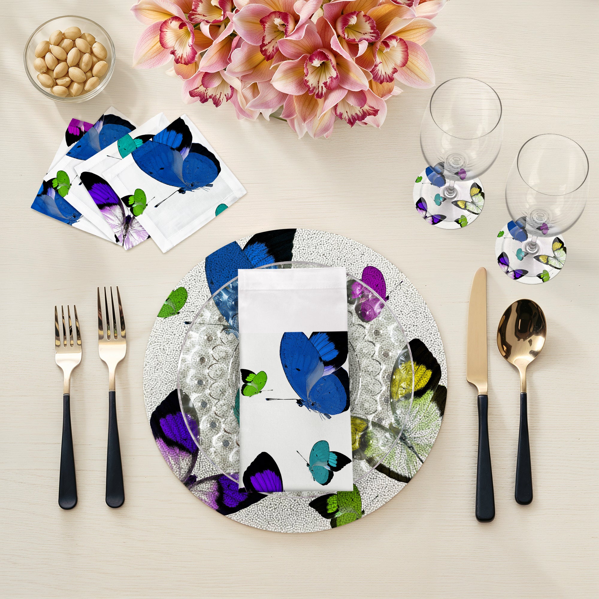 Butterflies Acid Blue Round Beaded Placemat Smooth