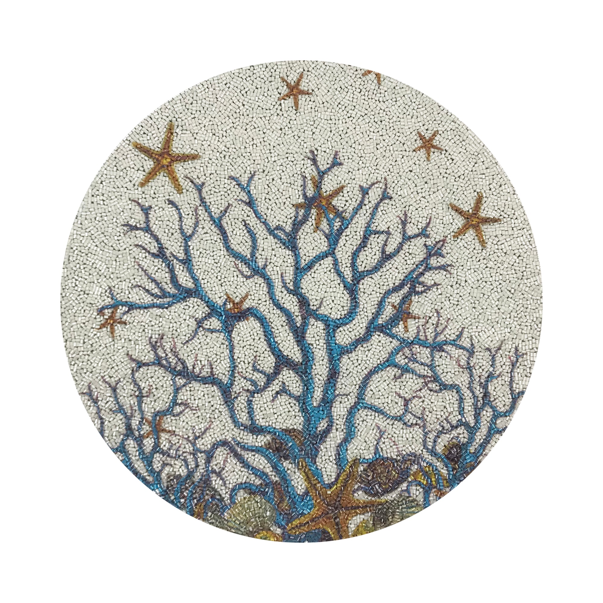 Coral Reef White Turq Round Beaded Placemat Rough Cut