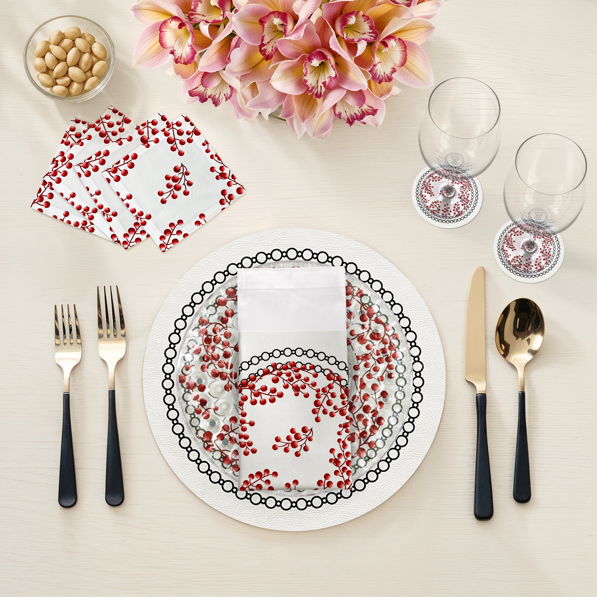 Sets de table ronds en galets de 40 cm, motif baies de Noël