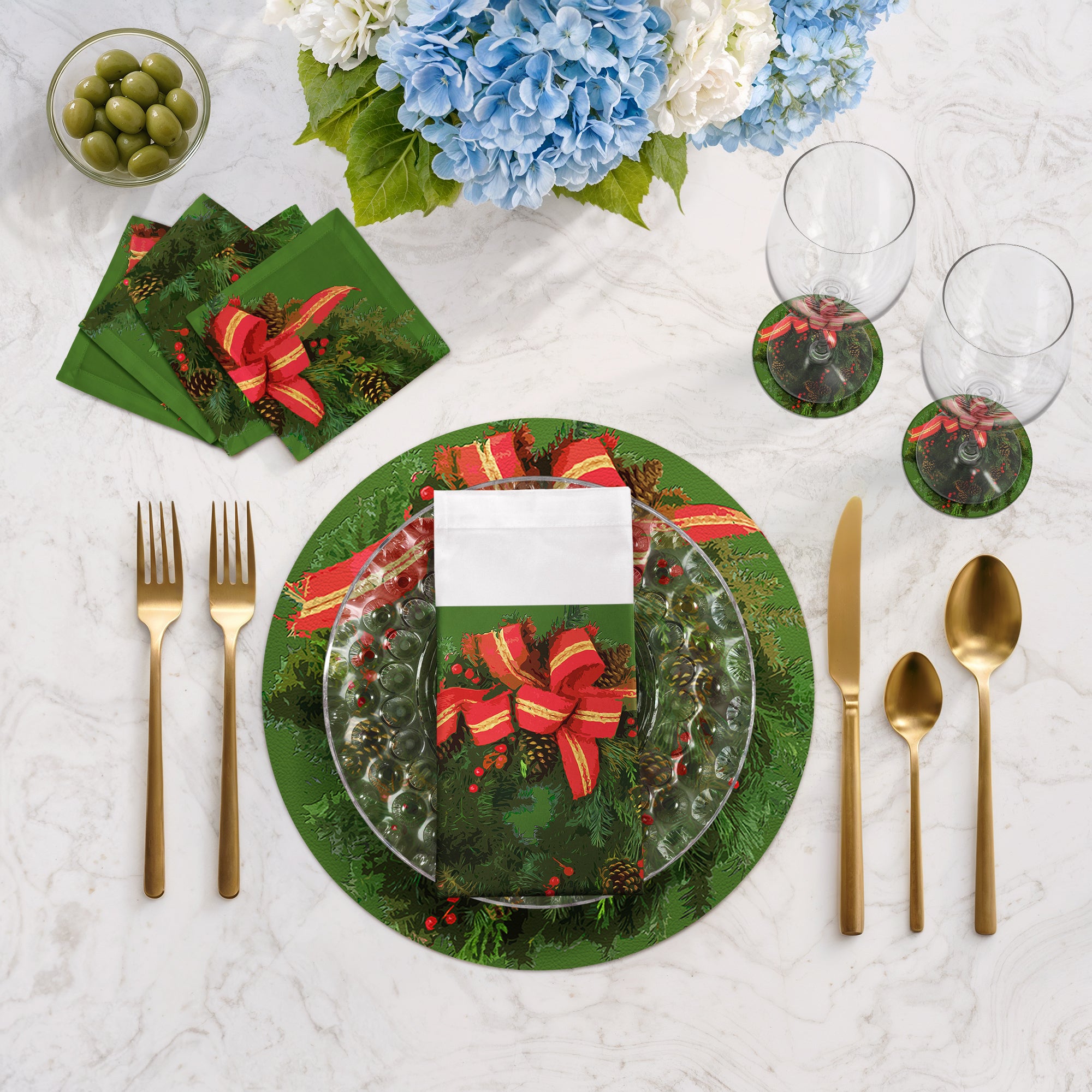 Sets de table ronds en galets avec couronne de Noël de 40 cm