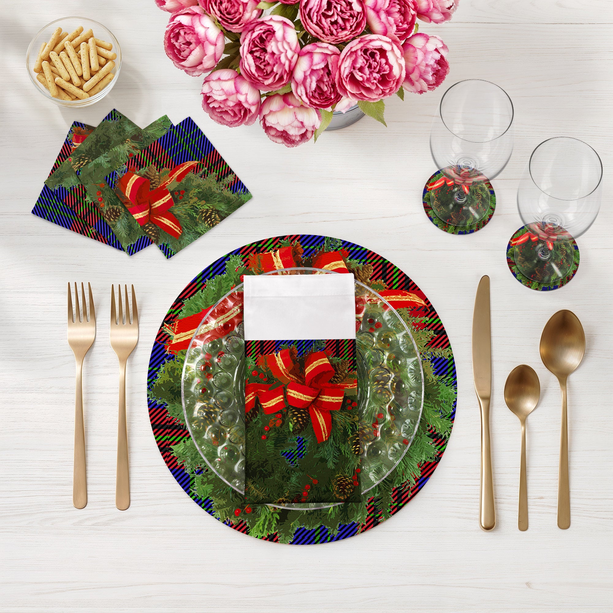 Christmas Wreath Tartan Blue 16" Round Pebble Placemats, Set of 4 - nicolettemayer.com