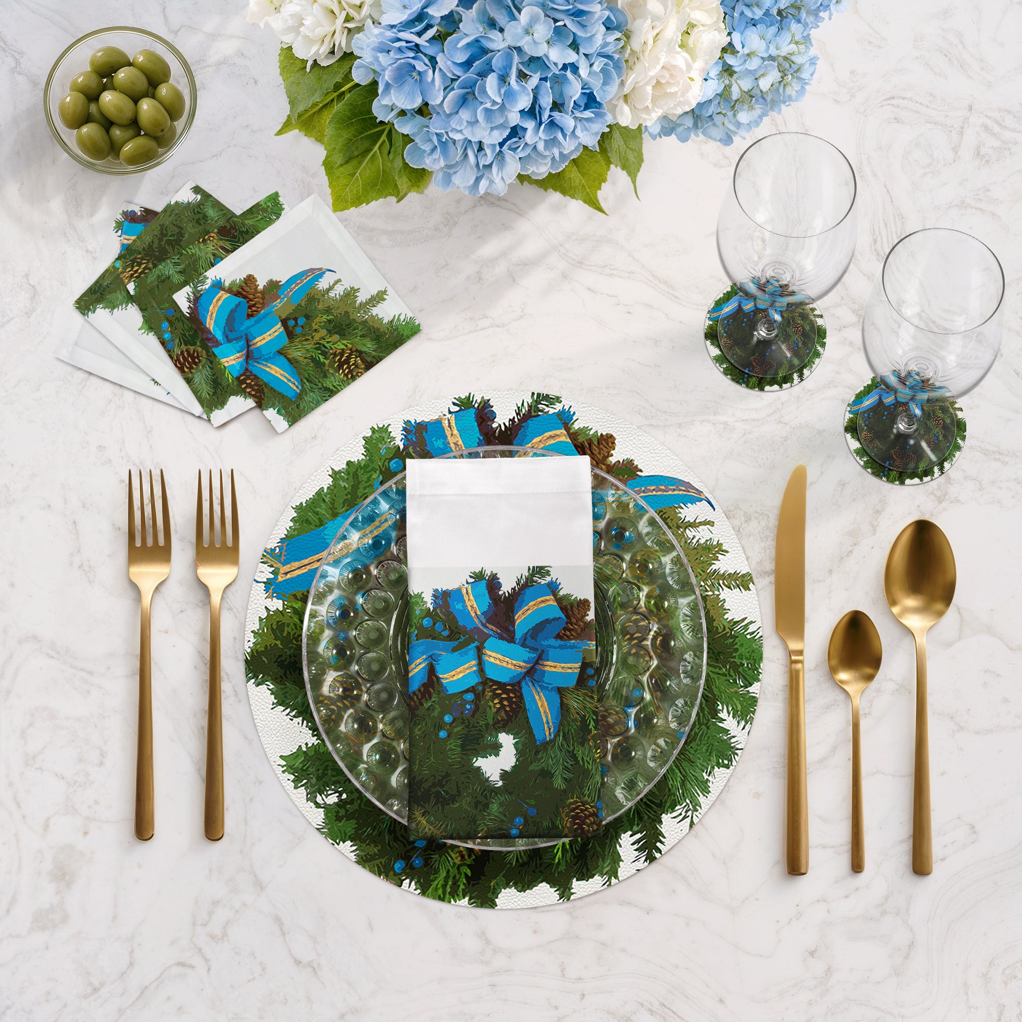 Christmas Wreath White Cerulean 16" Round Pebble Placemats, Set of 4 - nicolettemayer.com