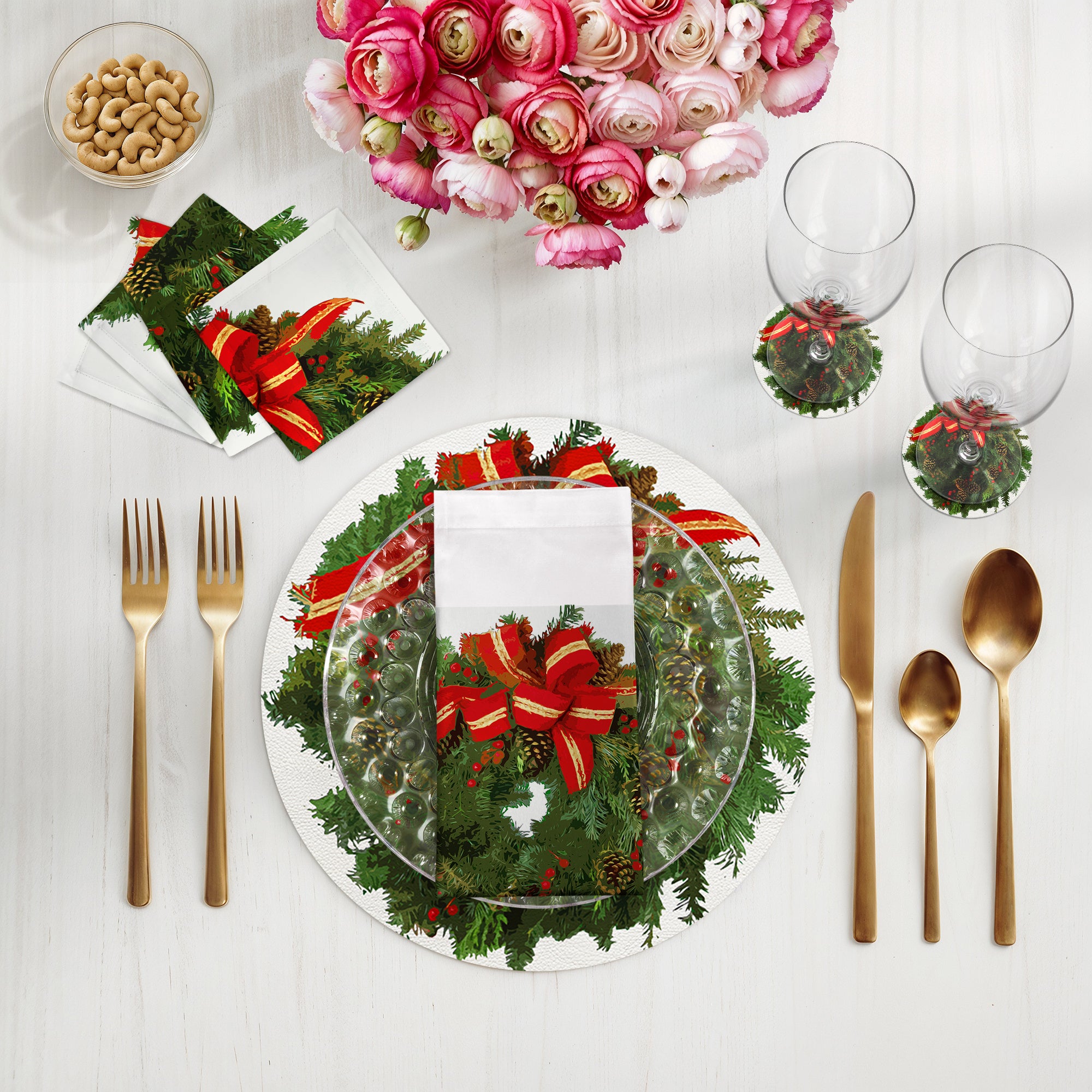 Christmas Wreath White Red 16" Round Pebble Placemats, Set of 4 - nicolettemayer.com