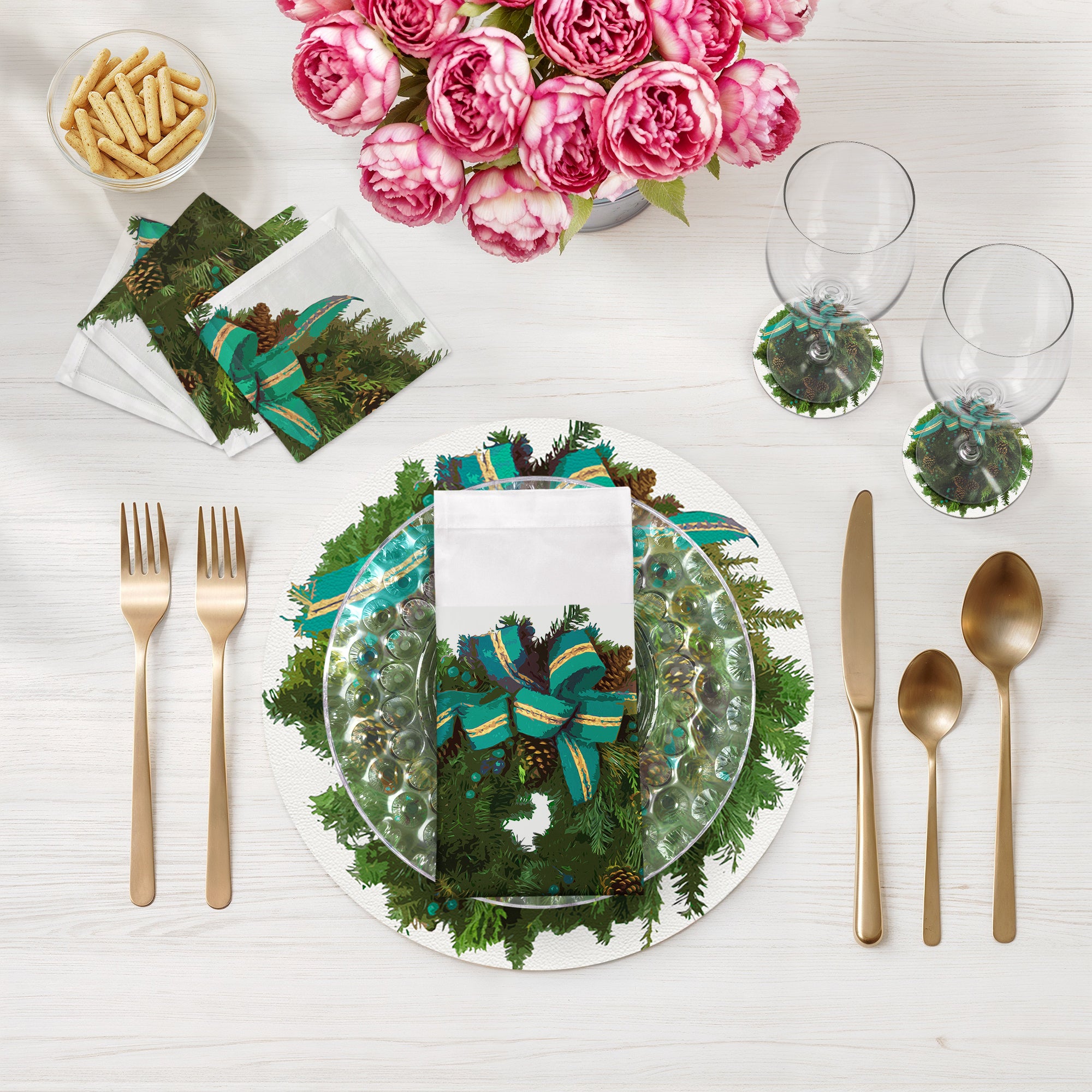 Christmas Wreath White Verdigris 16" Round Pebble Placemats, Set of 4 - nicolettemayer.com