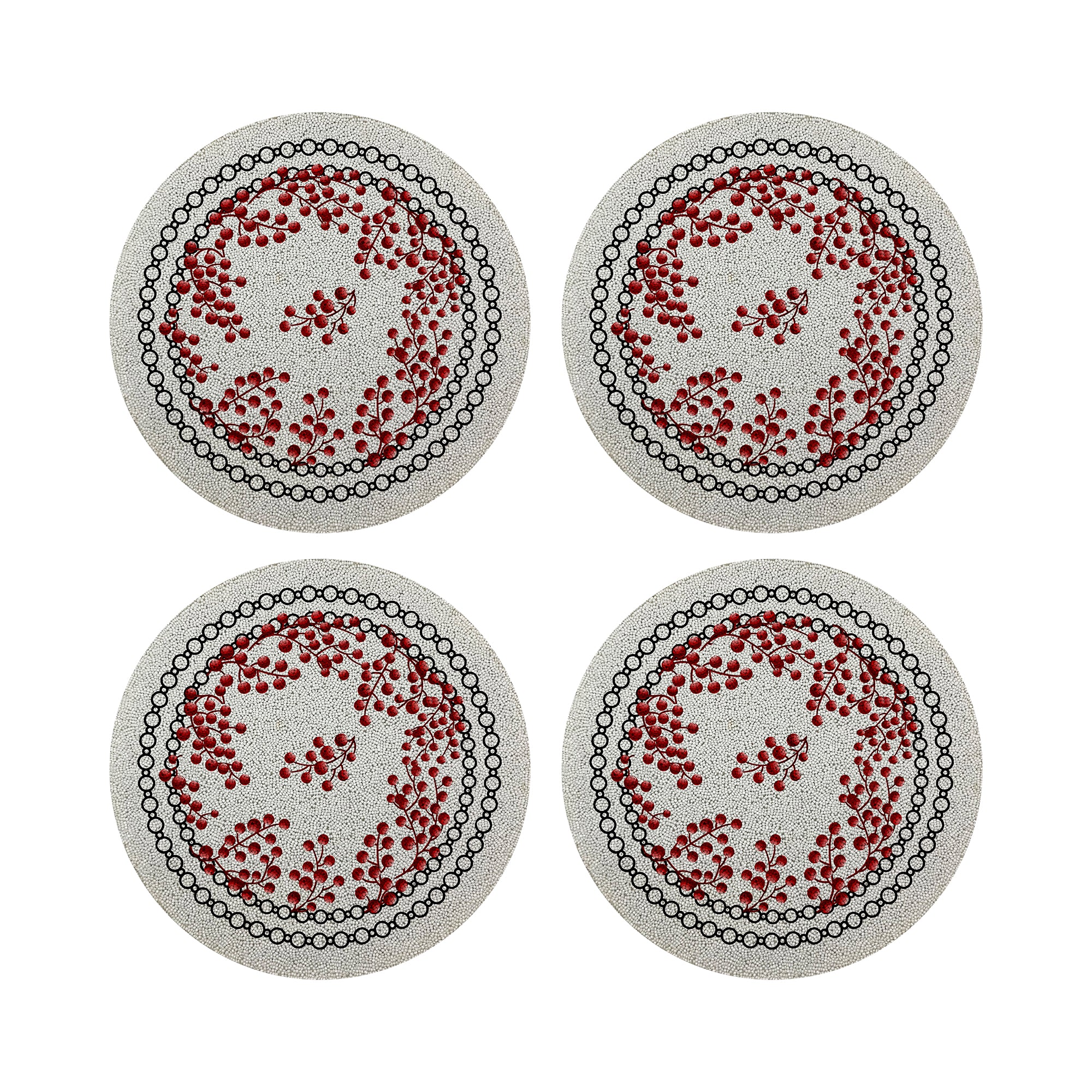 Christmas Berries Red White Round Beaded Placemat Smooth