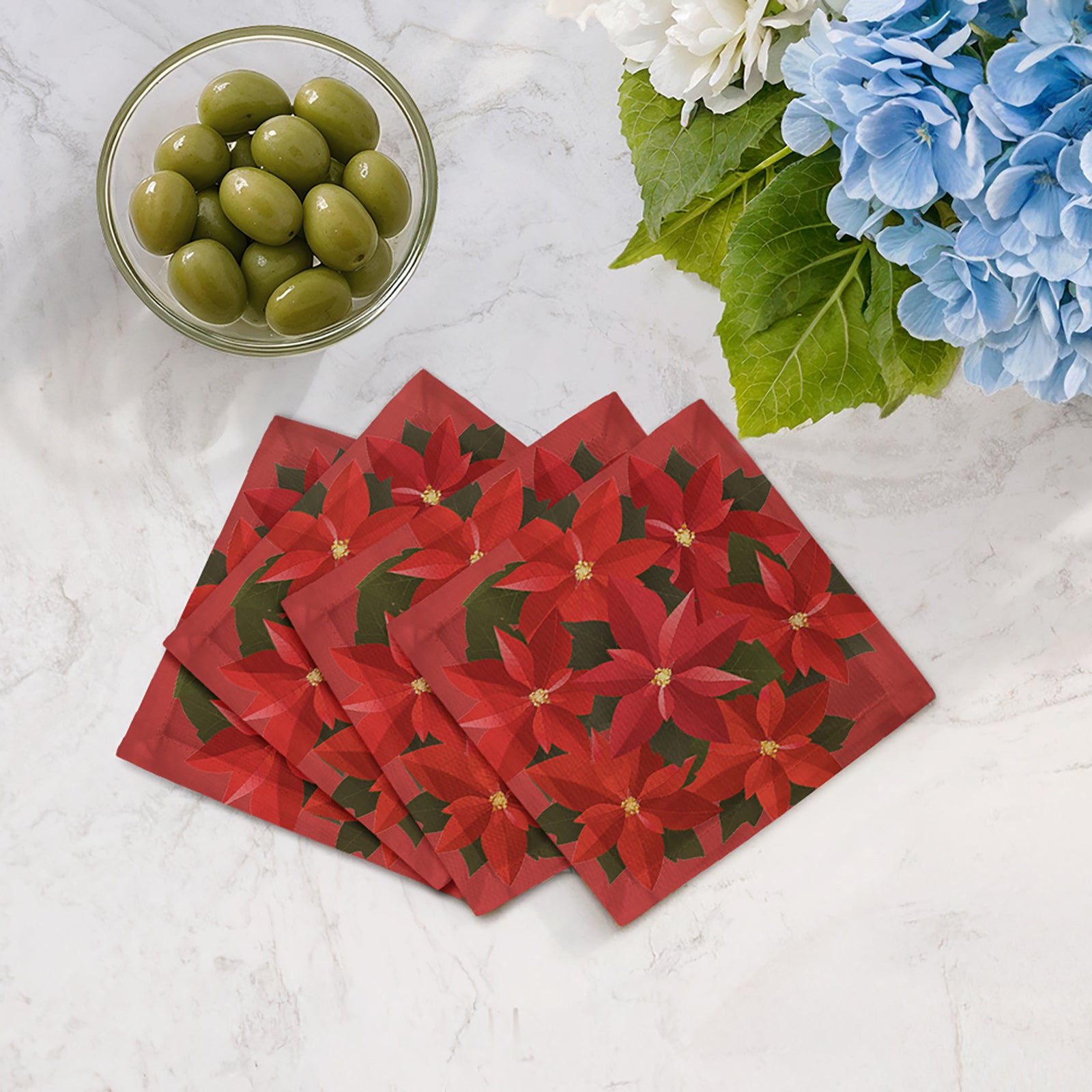 POINSETTIA 6"X6" HEMSTITCH COCKTAIL NAPKINS, SET OF 4 - nicolettemayer.com