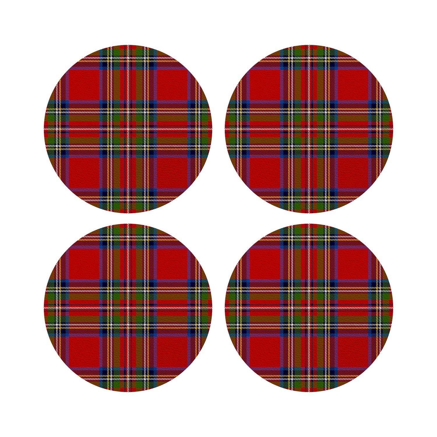 Christmas Tartan Red Vegan Leather Round Coasters