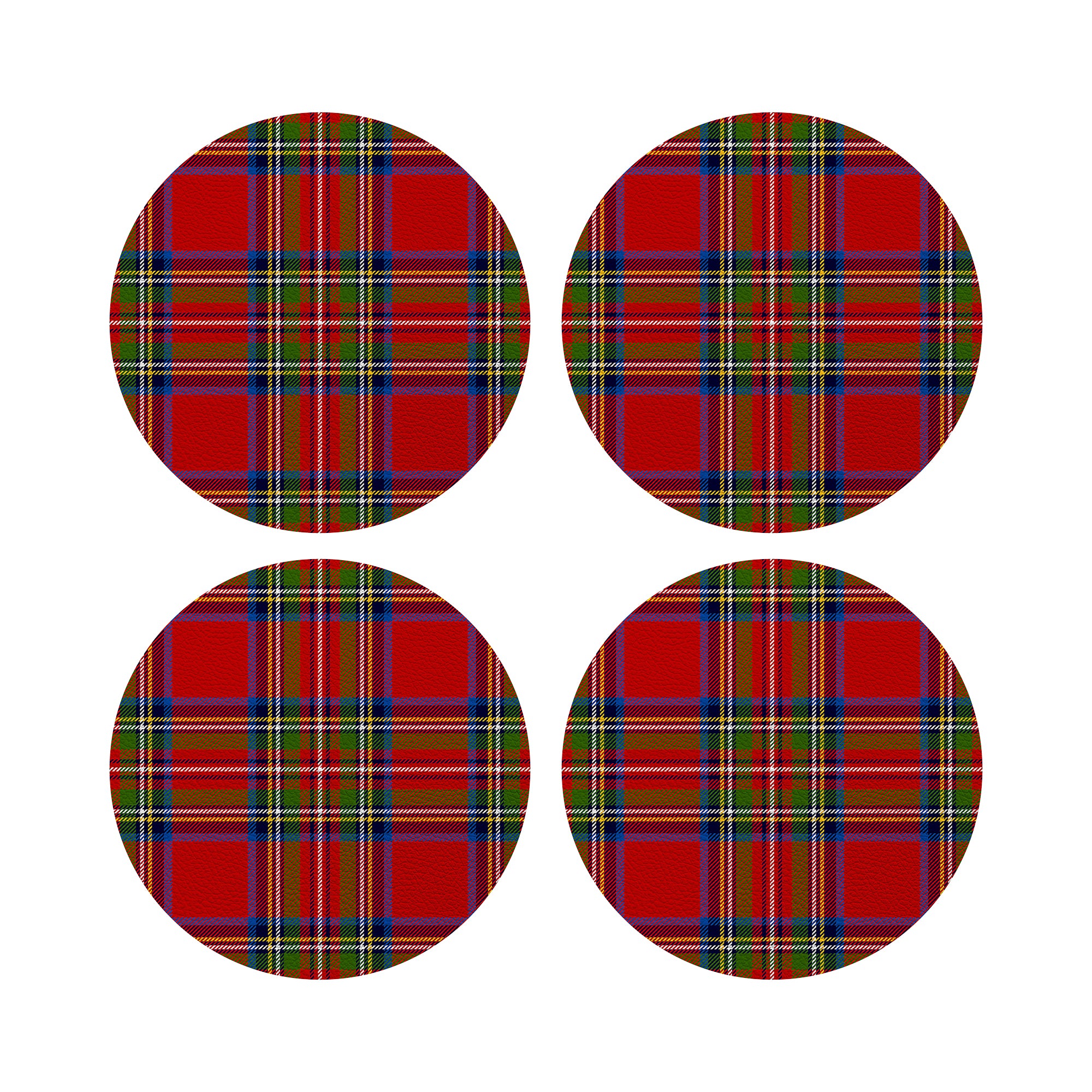 Christmas Tartan Red Vegan Leather Round Coasters
