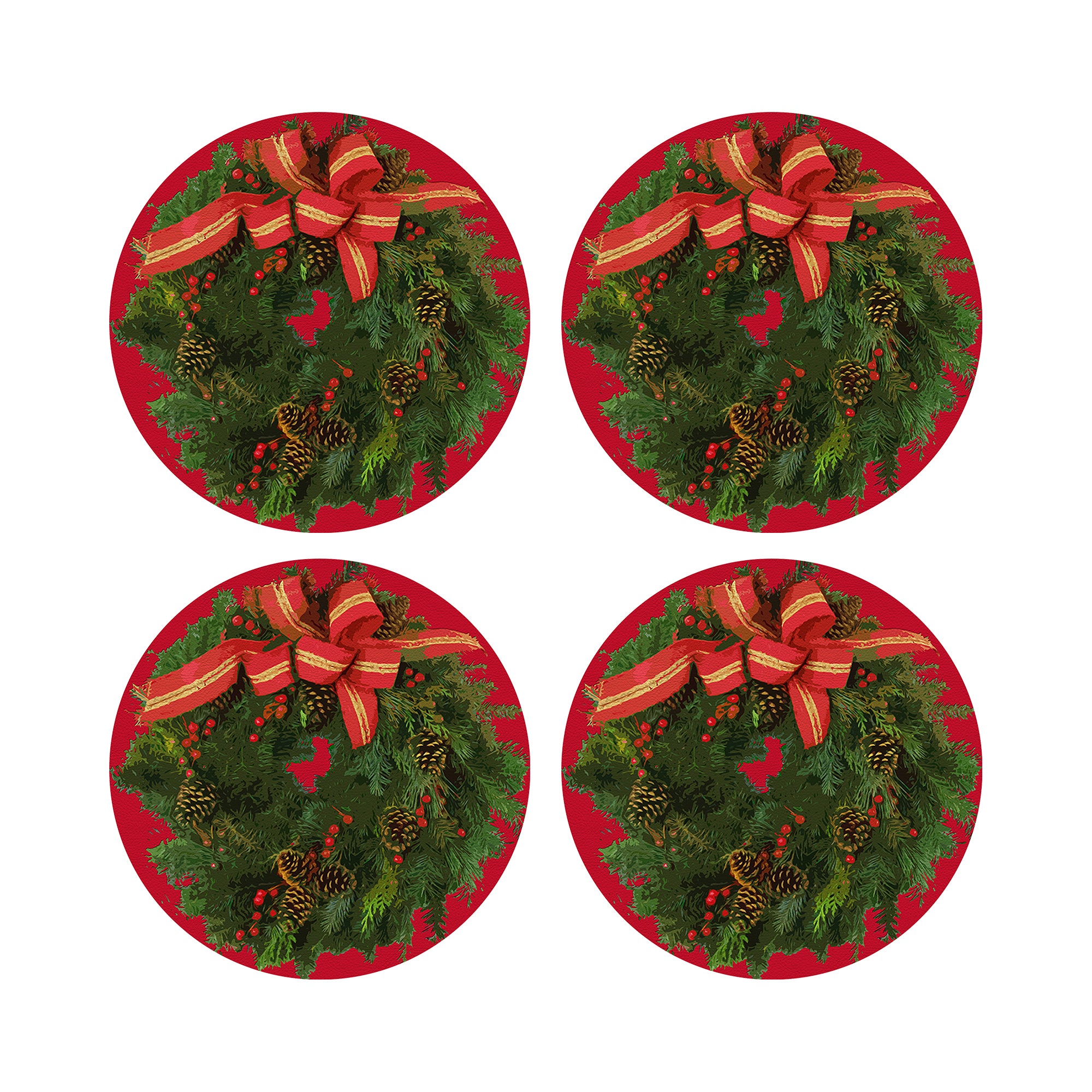 Christmas Wreath Red 16" Round Pebble Placemats, Set of 4 - nicolettemayer.com