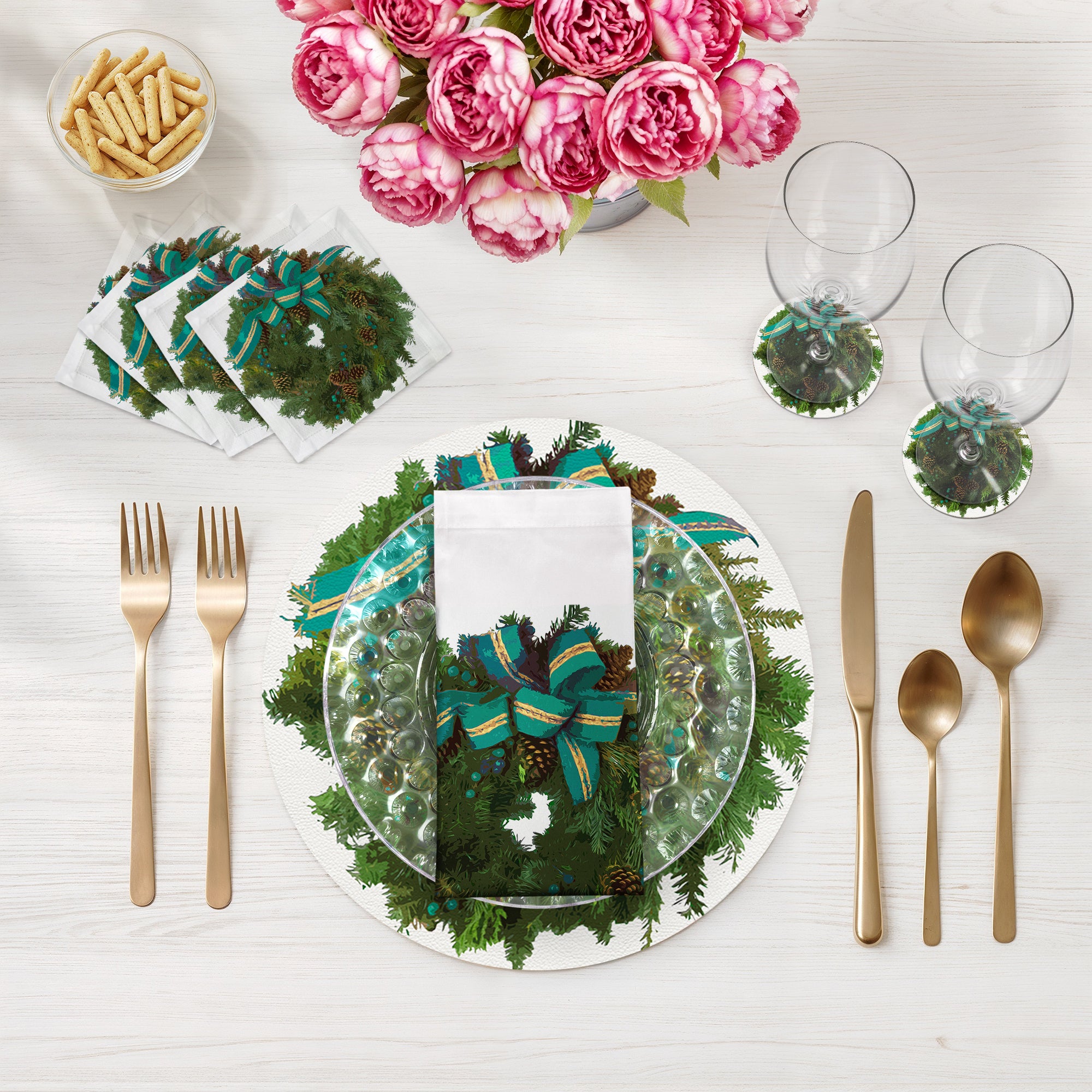 Christmas Wreath White Verdigris 16" Round Pebble Placemats, Set of 4 - nicolettemayer.com