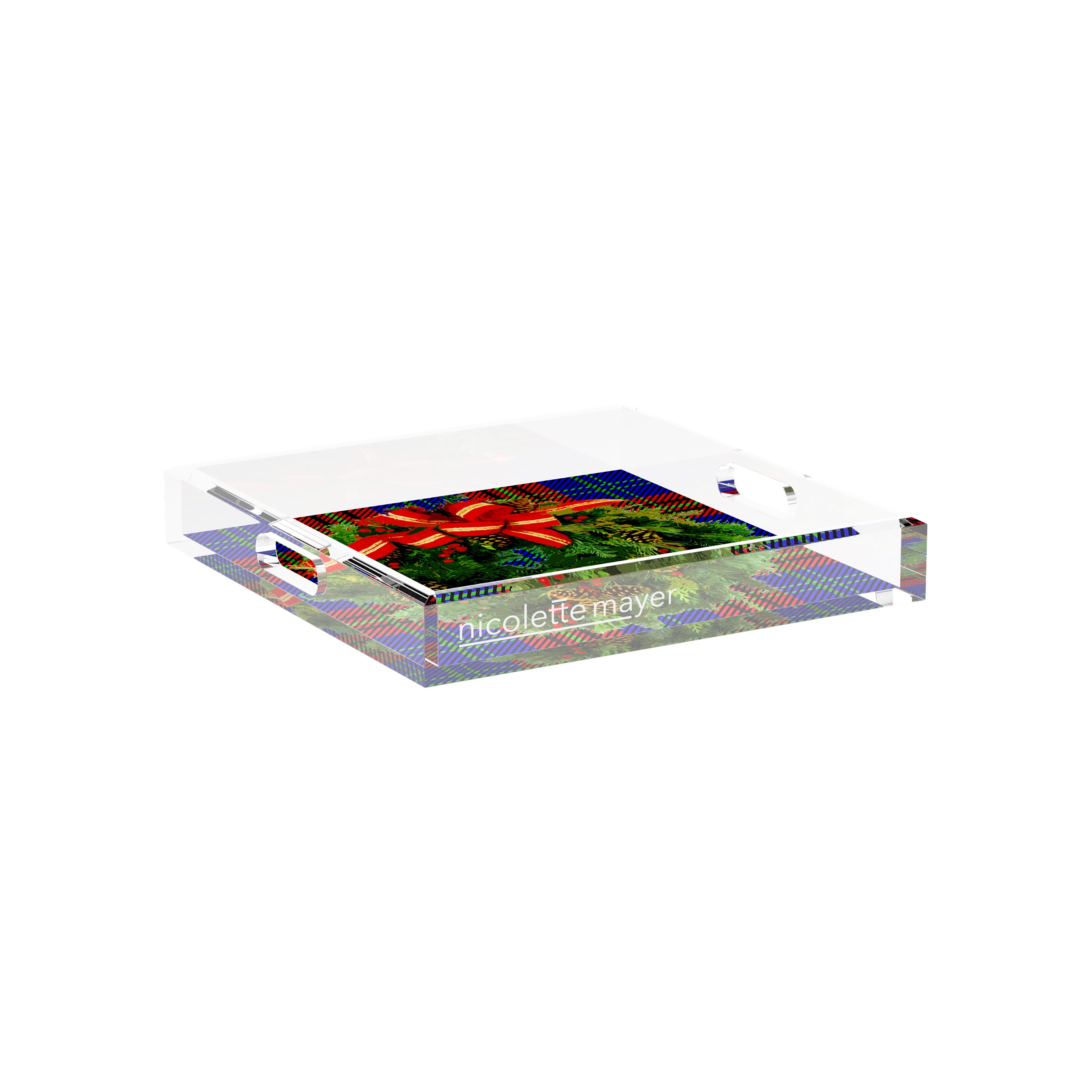 Christmas Wreath Tartan Green 12X12 Acrylic Tray - nicolettemayer.com