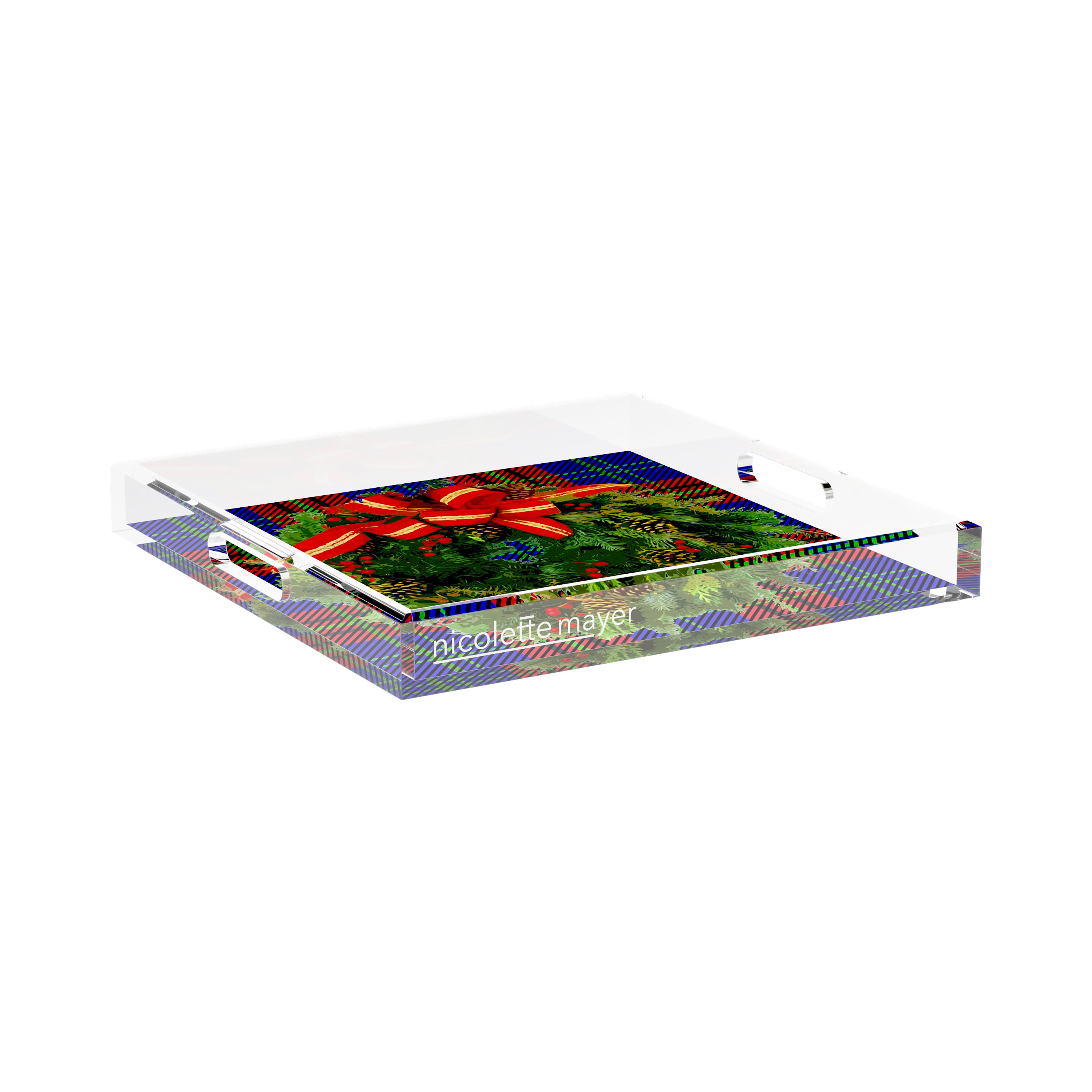 Christmas Wreath Tartan Green 15X15 Acrylic Tray - nicolettemayer.com