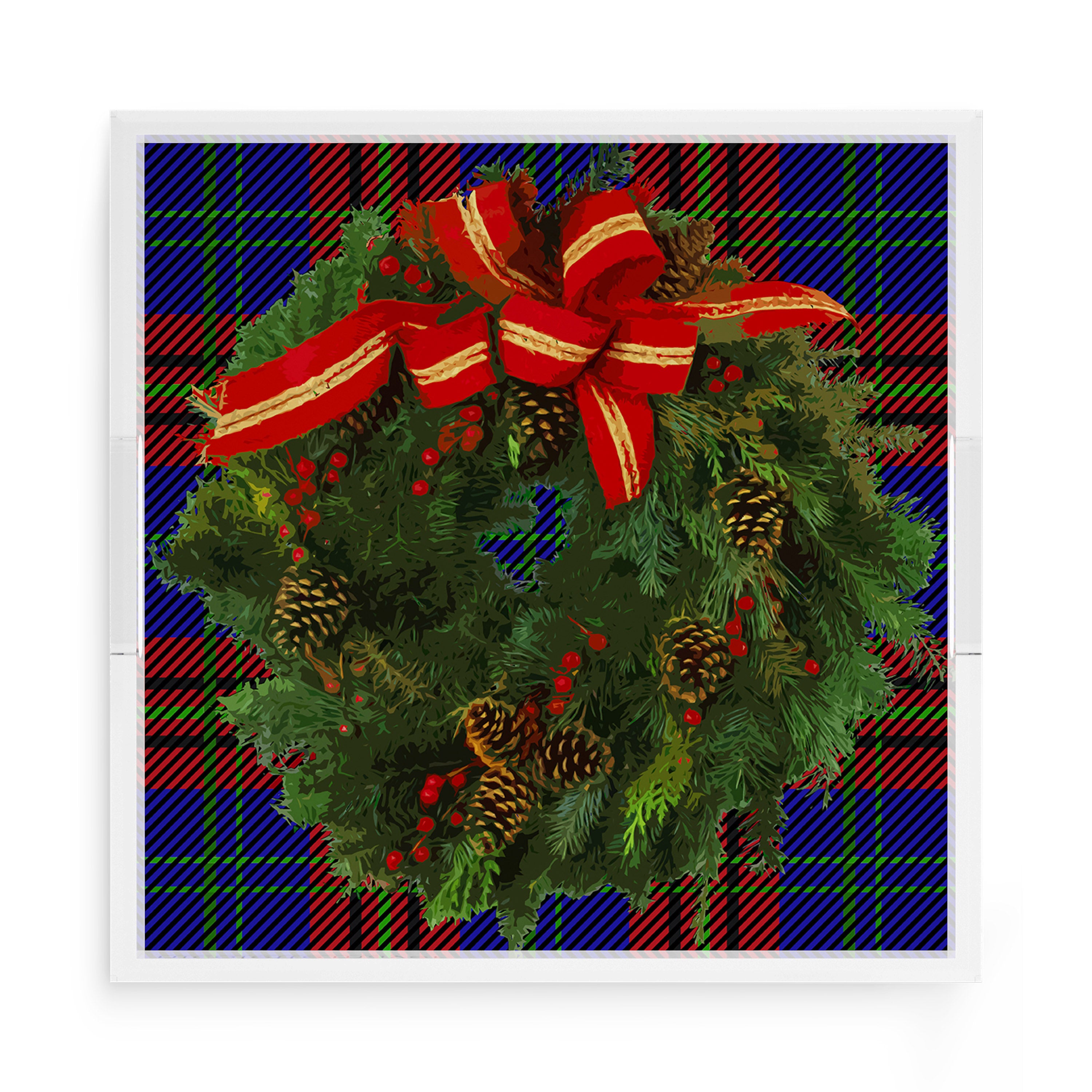 Christmas Wreath Tartan Green 15X15 Acrylic Tray - nicolettemayer.com