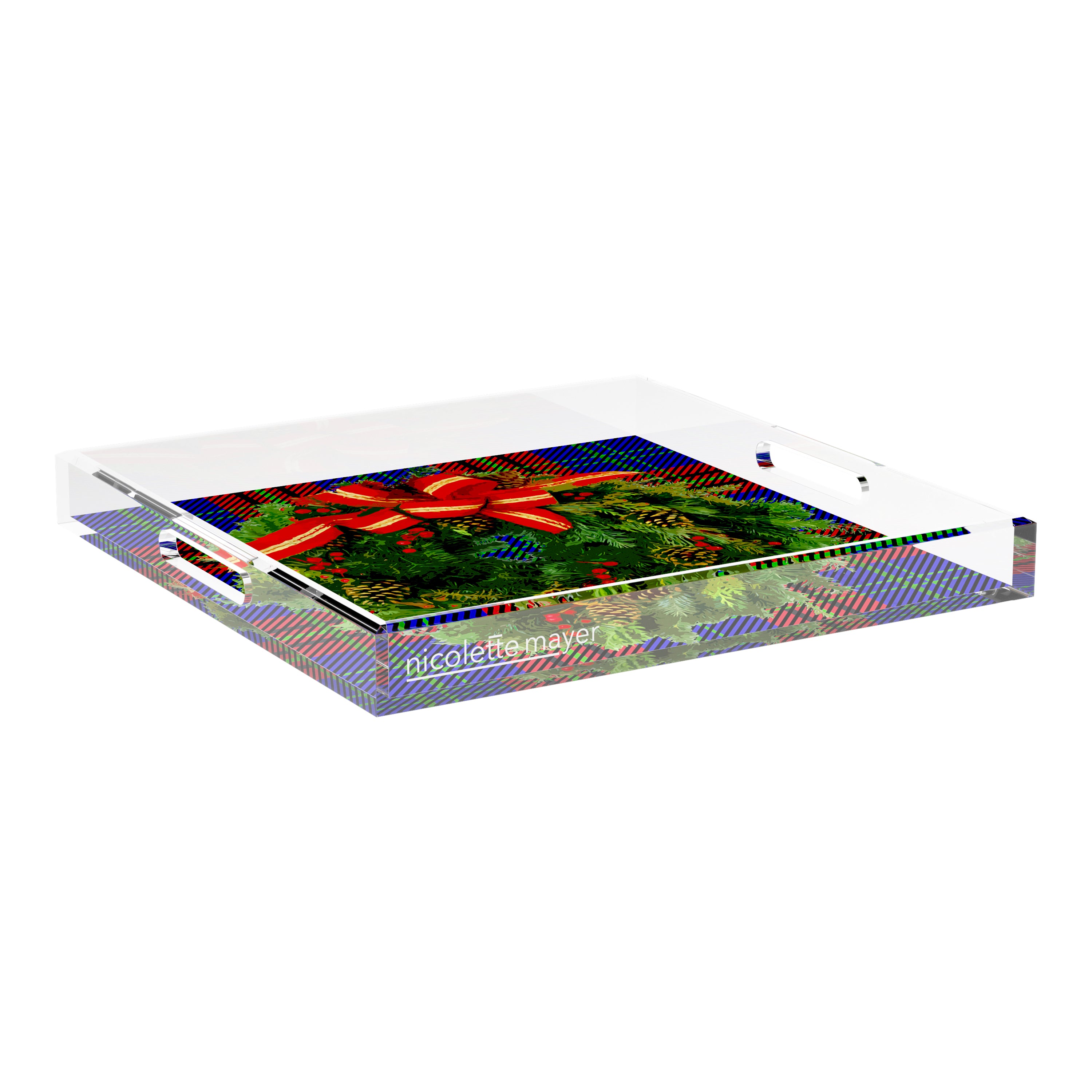 Christmas Wreath Tartan Green 18X18 Acrylic Tray - nicolettemayer.com