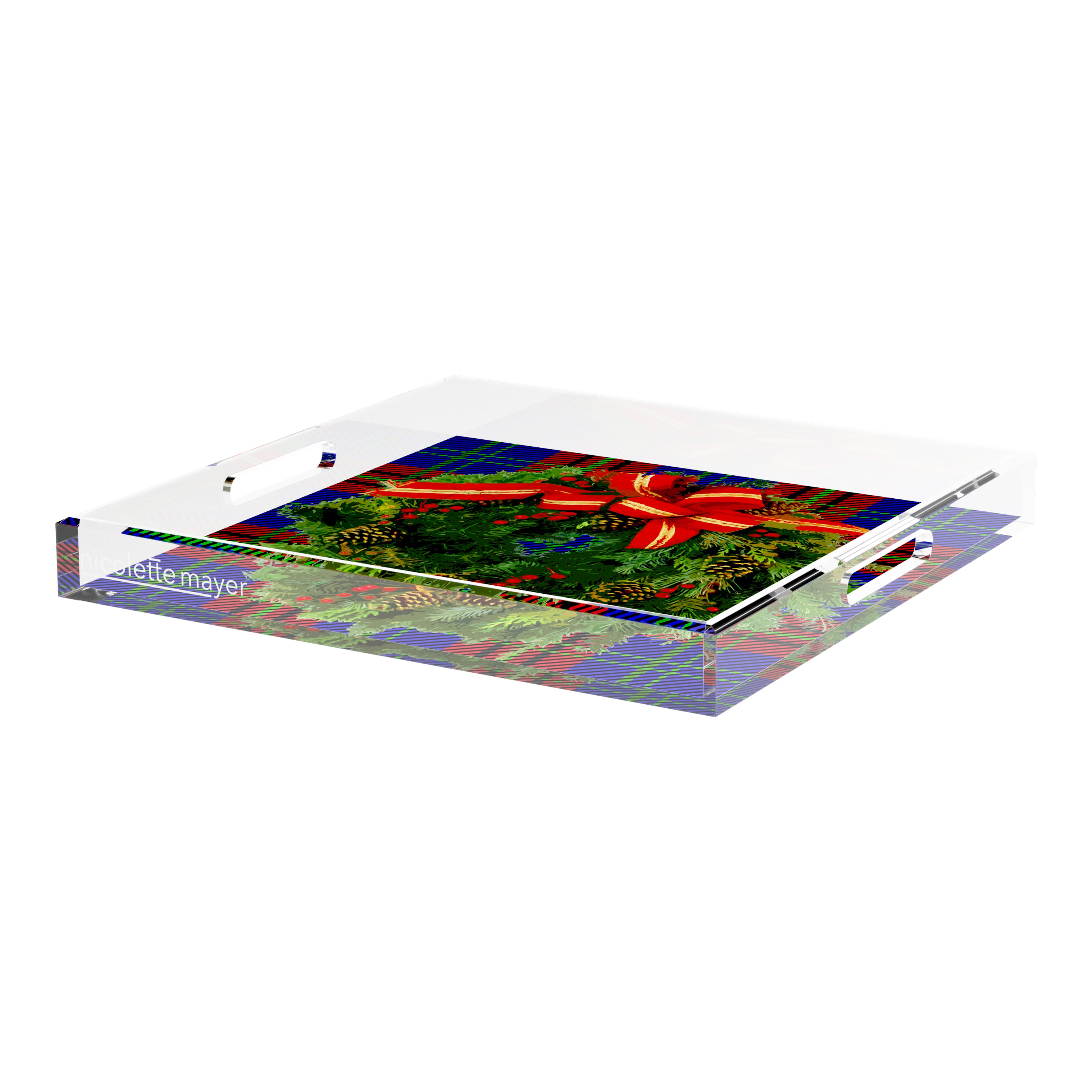 Christmas Wreath Tartan Green 18X18 Acrylic Tray - nicolettemayer.com