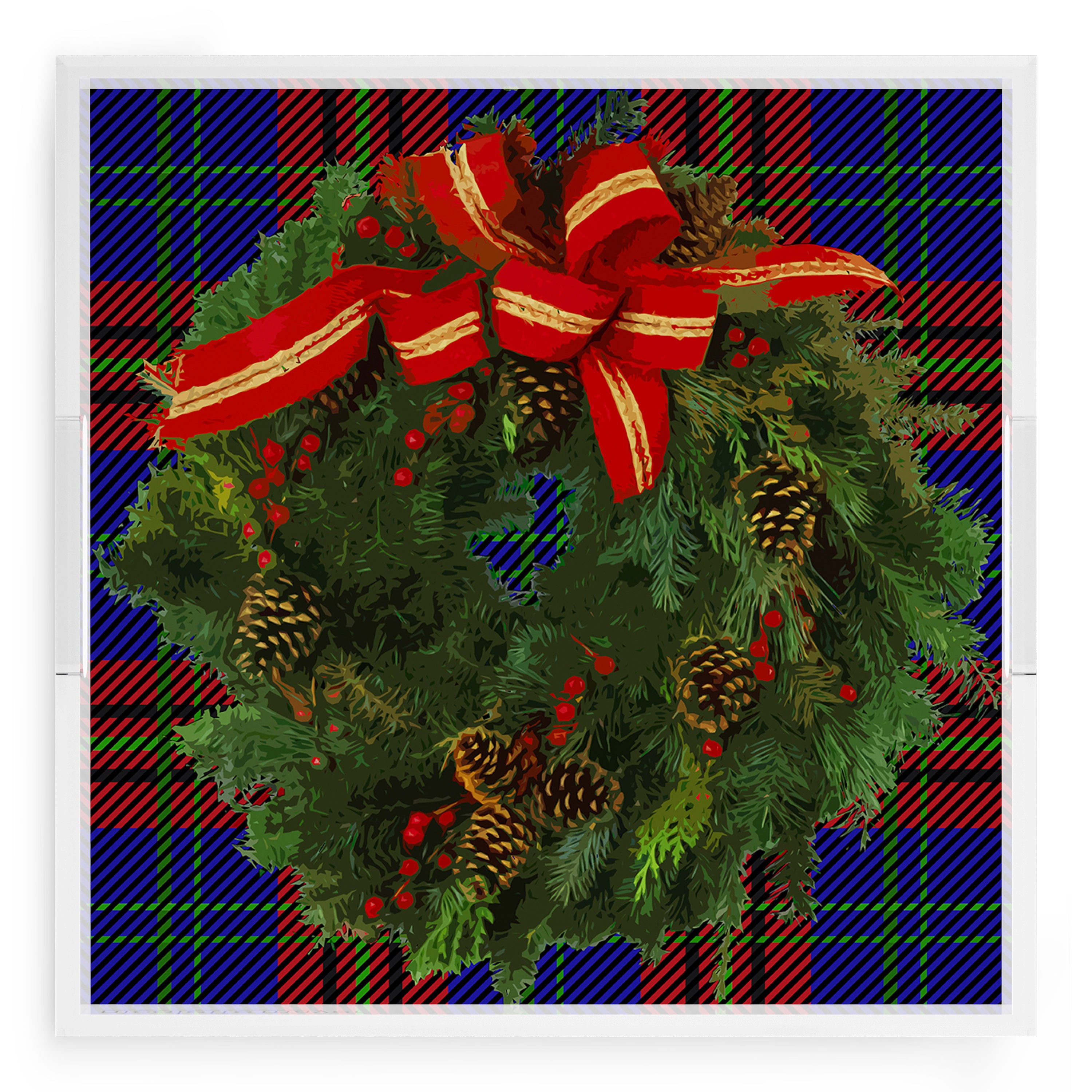 Christmas Wreath Tartan Green 18X18 Acrylic Tray - nicolettemayer.com