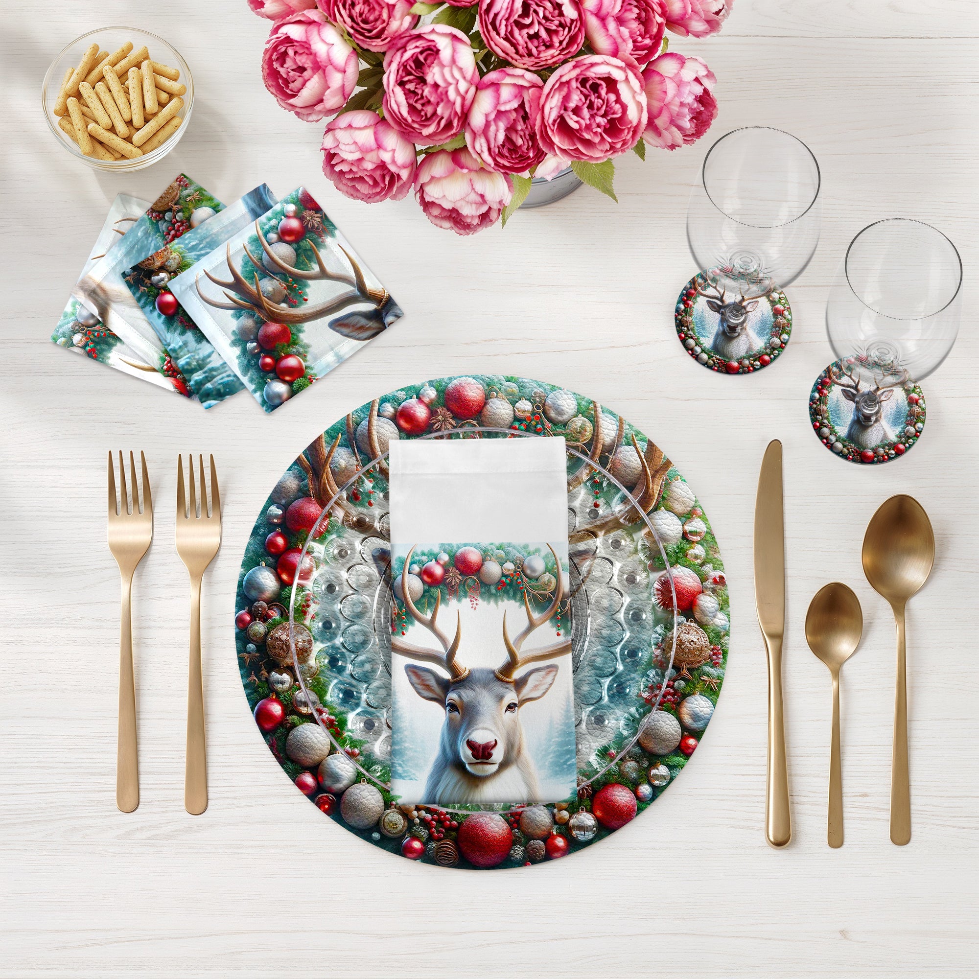 Claus Reindeer Vegan Leather Round Coasters