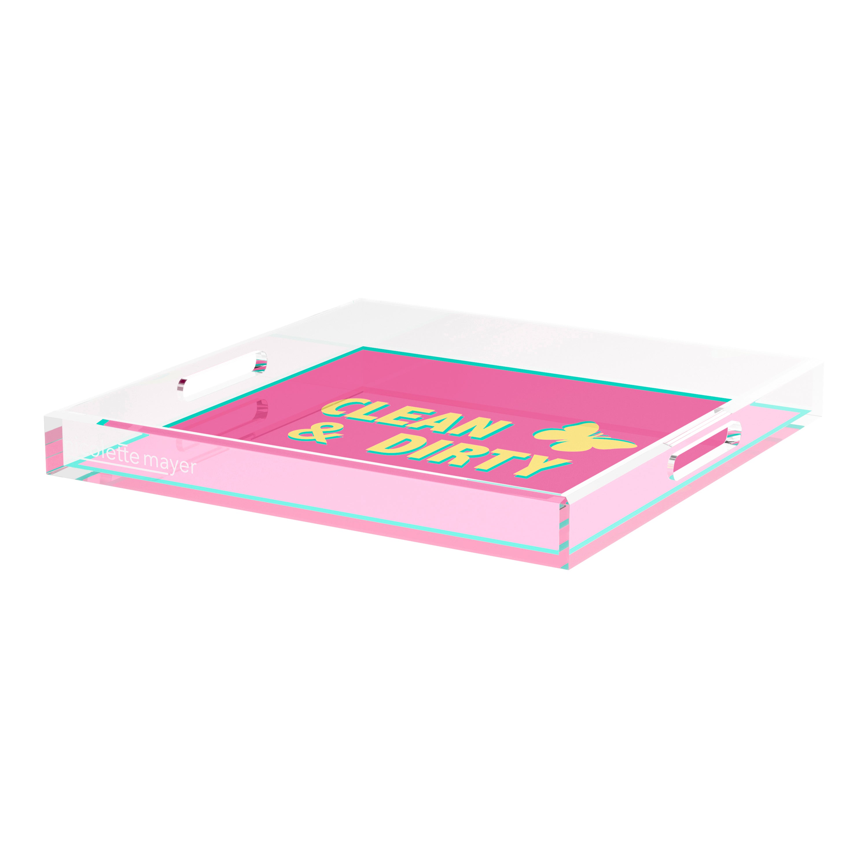Canasta Clean and Dirty Pink Yellow 18X18 Acrylic Tray - nicolettemayer.com