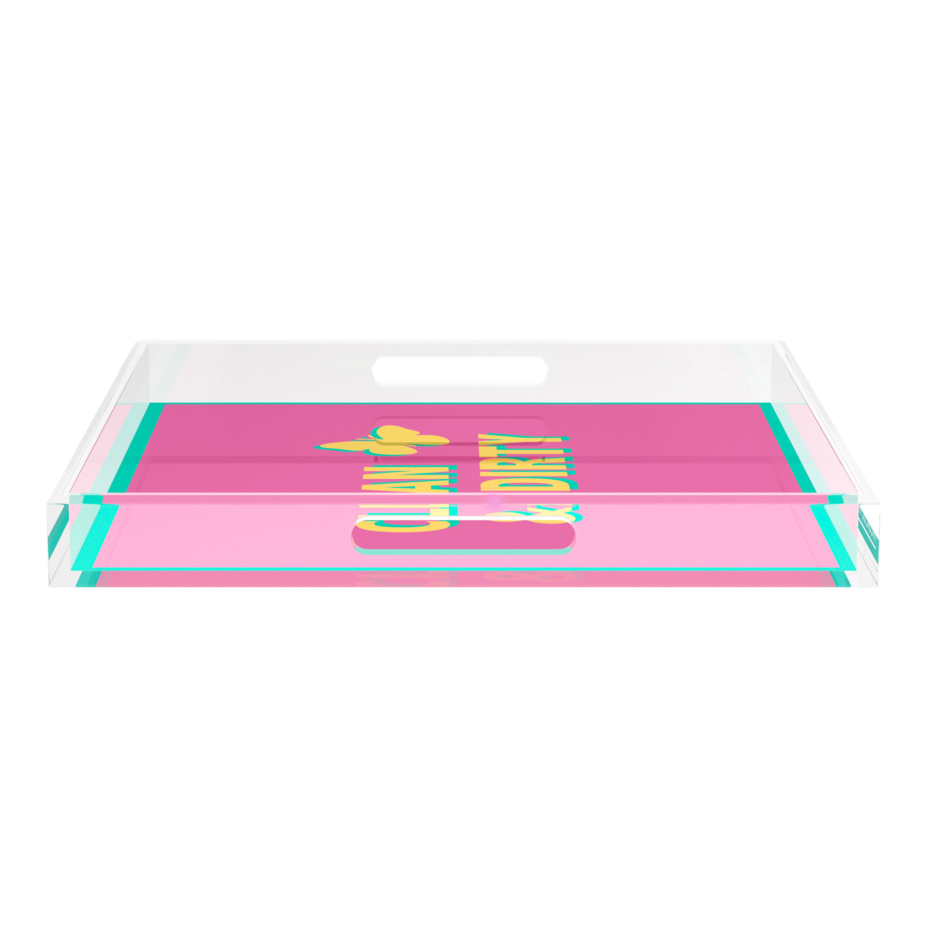 Canasta Clean and Dirty Pink Yellow 18X18 Acrylic Tray - nicolettemayer.com