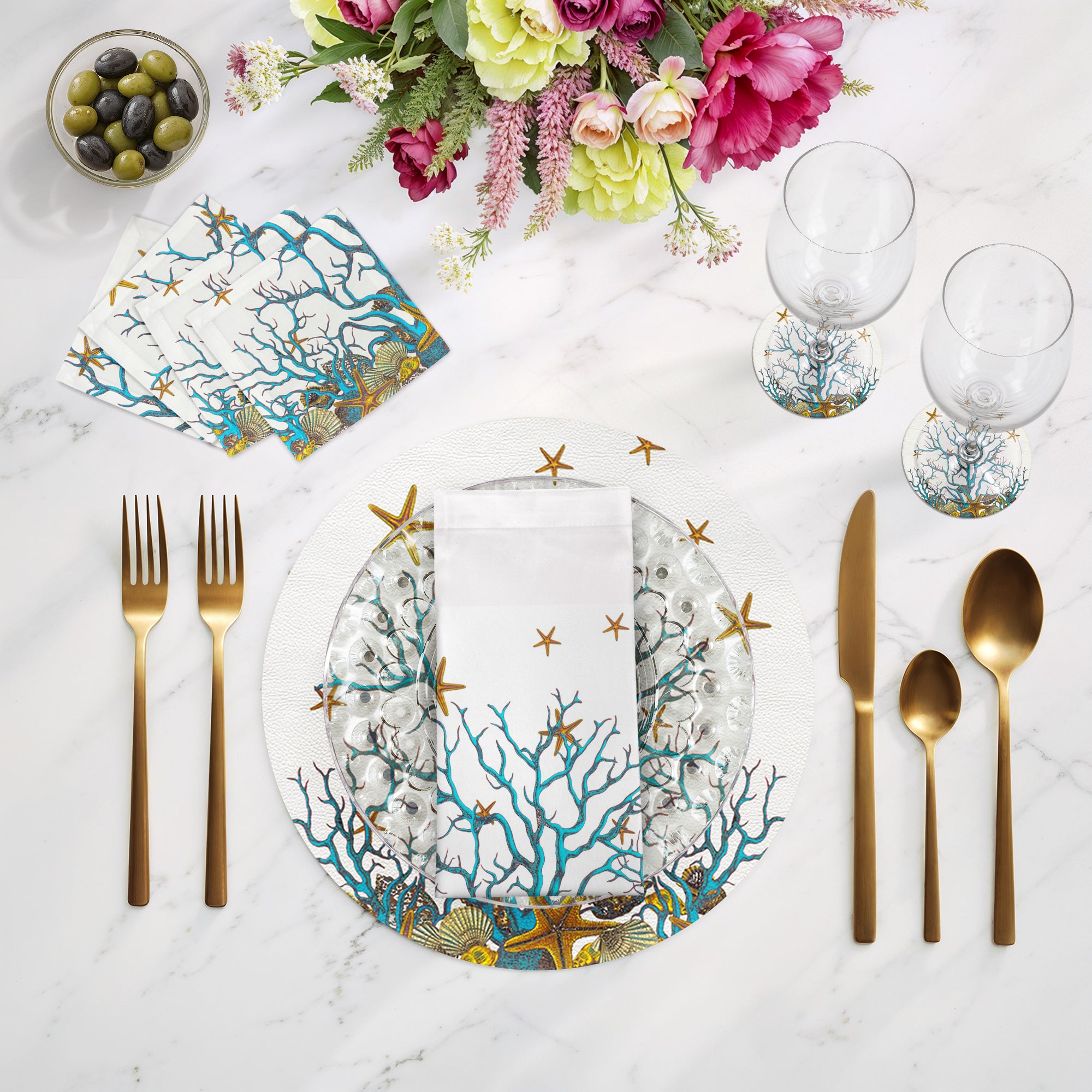 Coral Reef White Turquoise 17.5" Rectangle Pebble Placemat, Set Of 4 - nicolettemayer.com