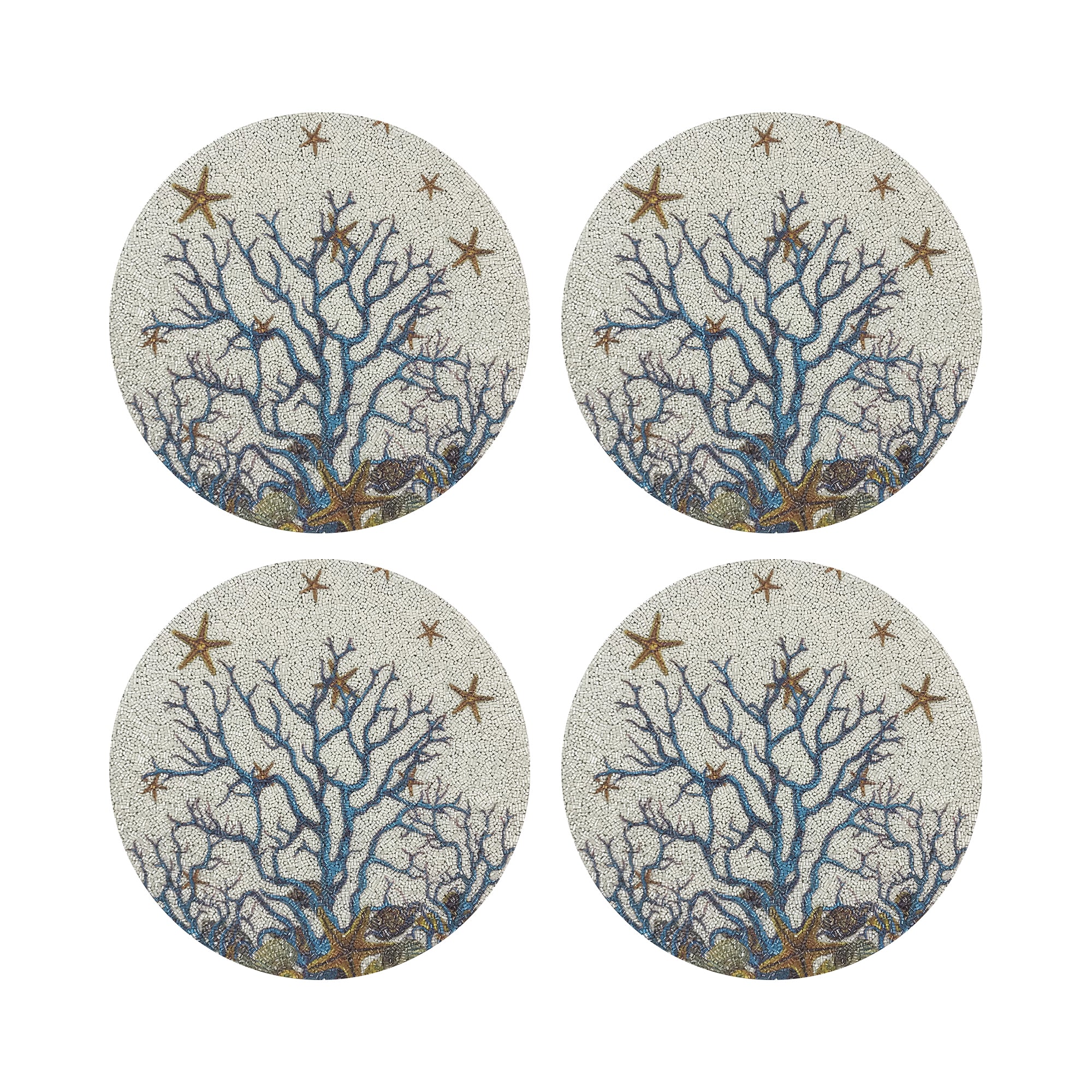 Coral Reef White Turq Round Beaded Placemat Rough Cut
