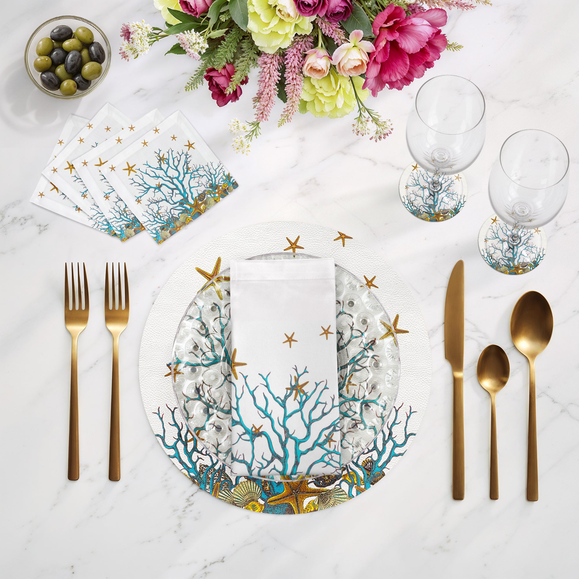 Coral Reef White Turquoise 17.5" Rectangle Pebble Placemat, Set Of 4 - nicolettemayer.com