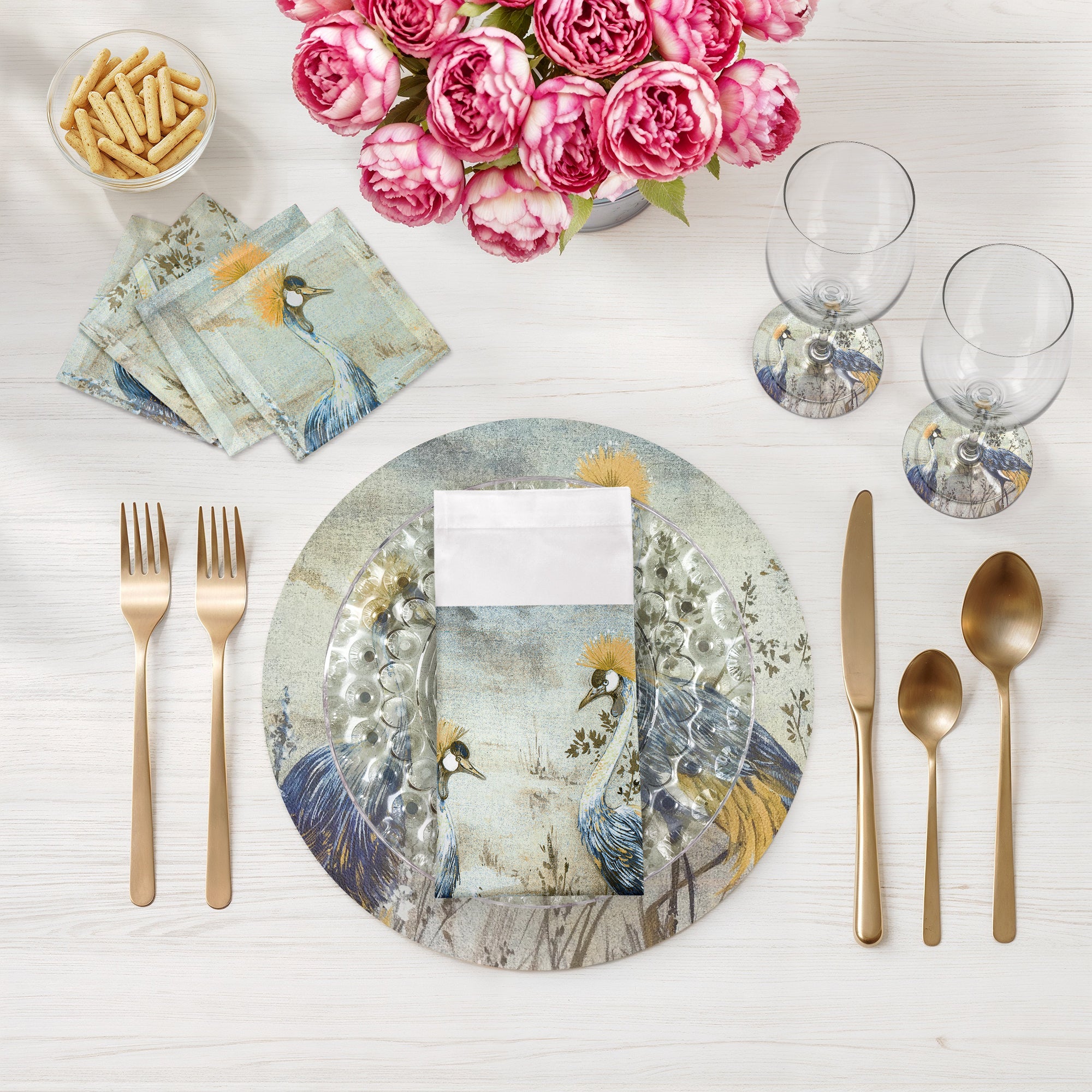 Crested Crane Wheat Blue Vegan Leather Round Pebble Placemat - nicolettemayer.com