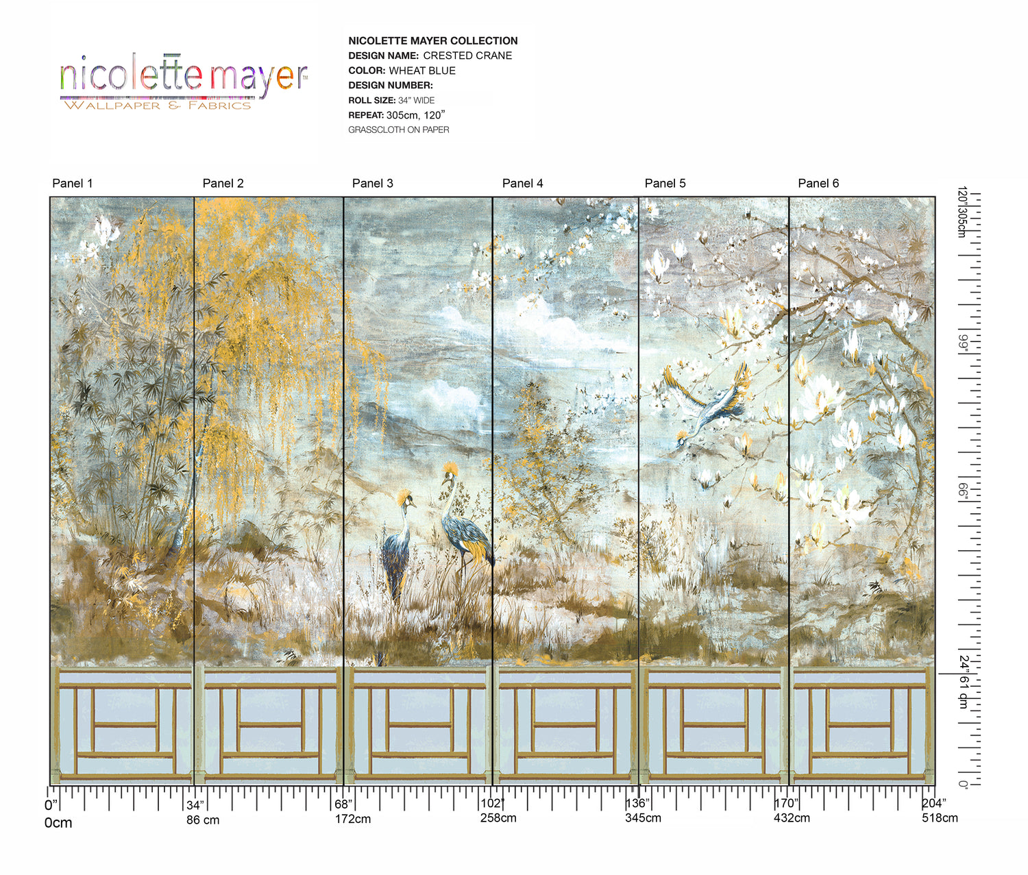 Crested Crane Wheat Blue Panel Set