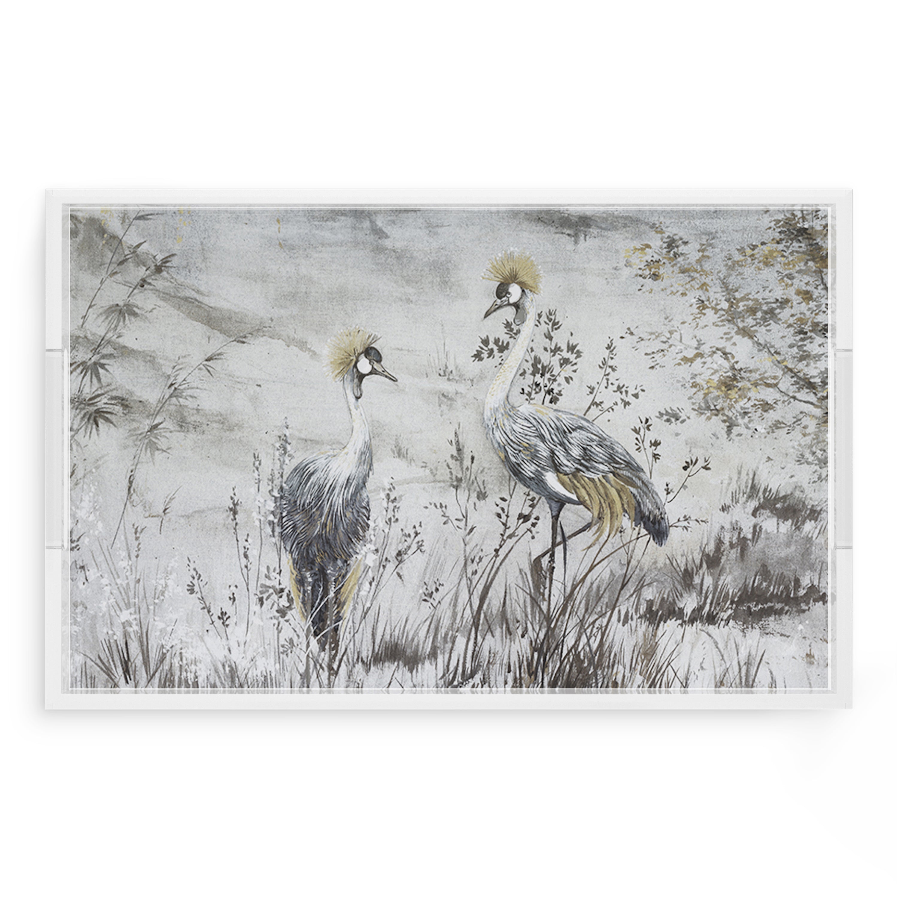 Crested Crane Silver Gold 22.5X14.5 Acrylic Tray - nicolettemayer.com
