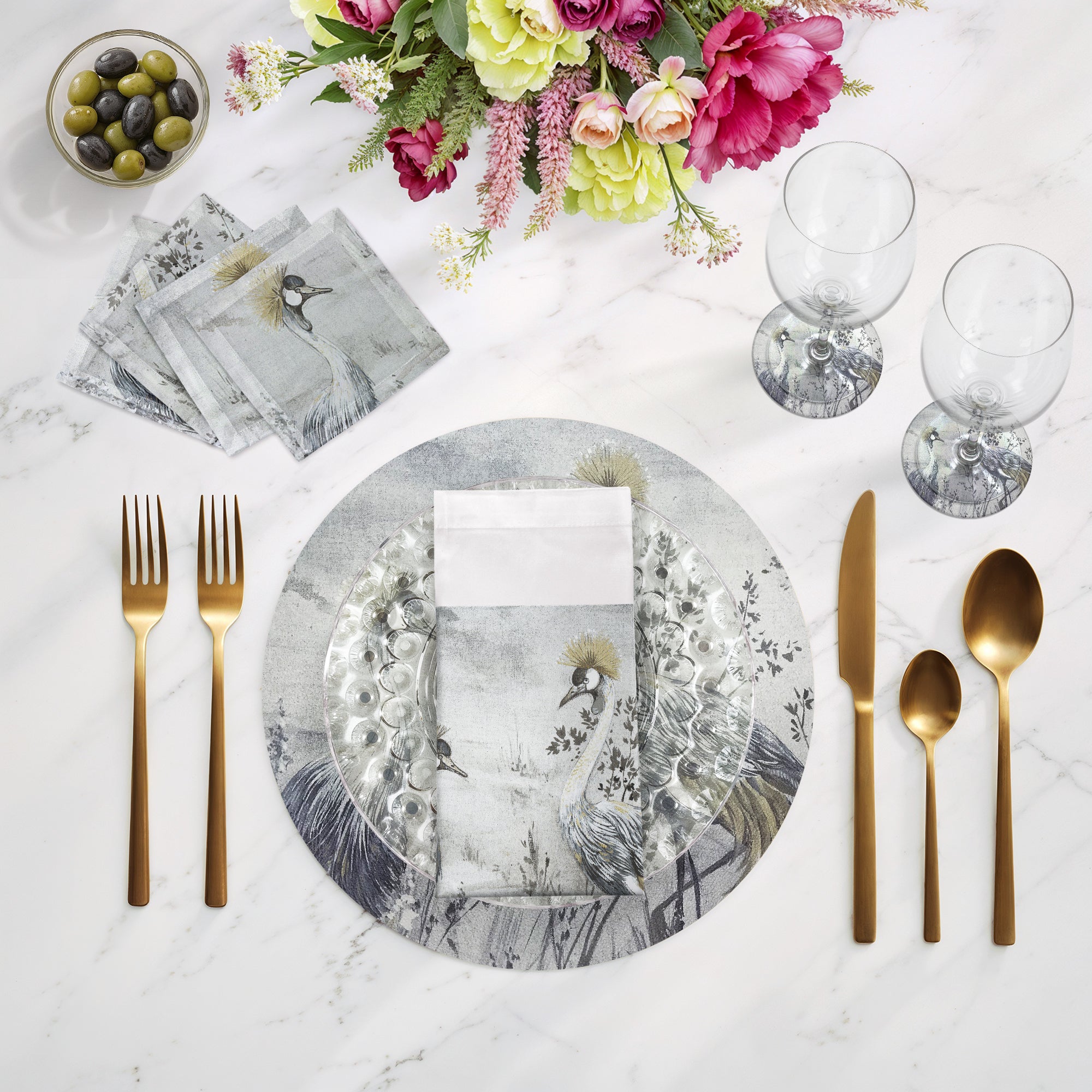 Crested Crane Silver Gold Cotton Sateen Dinner Napkins - nicolettemayer.com
