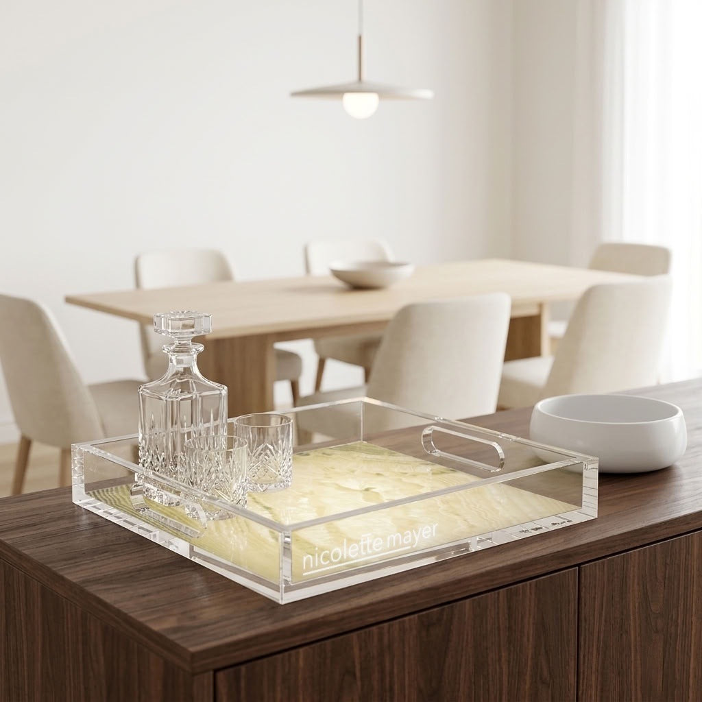Crystal Light Gold Acrylic Decorative Tray, 12 x 12 in., 15 x 15 in., 18 x 18 in. by Nicolette Mayer