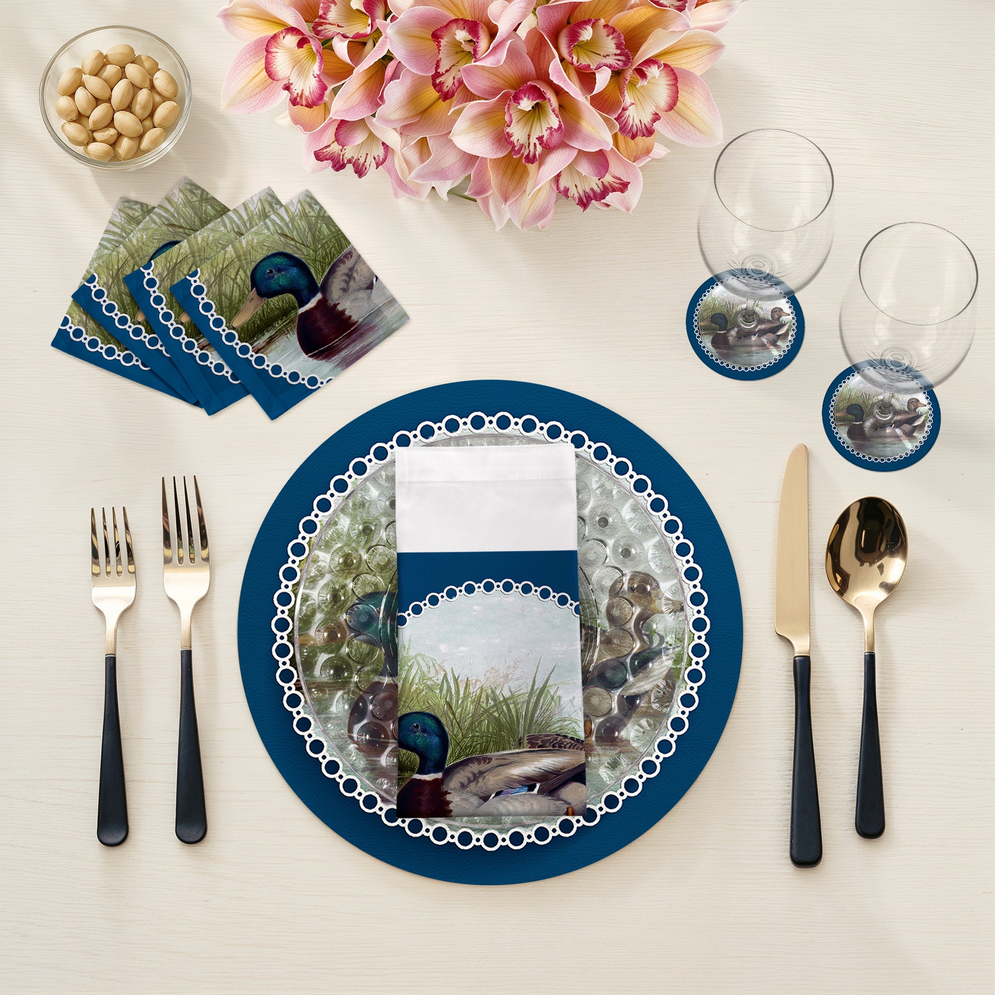 English Duck Pond Blue 16" Round Pebble Placemats, Set of 4 - nicolettemayer.com