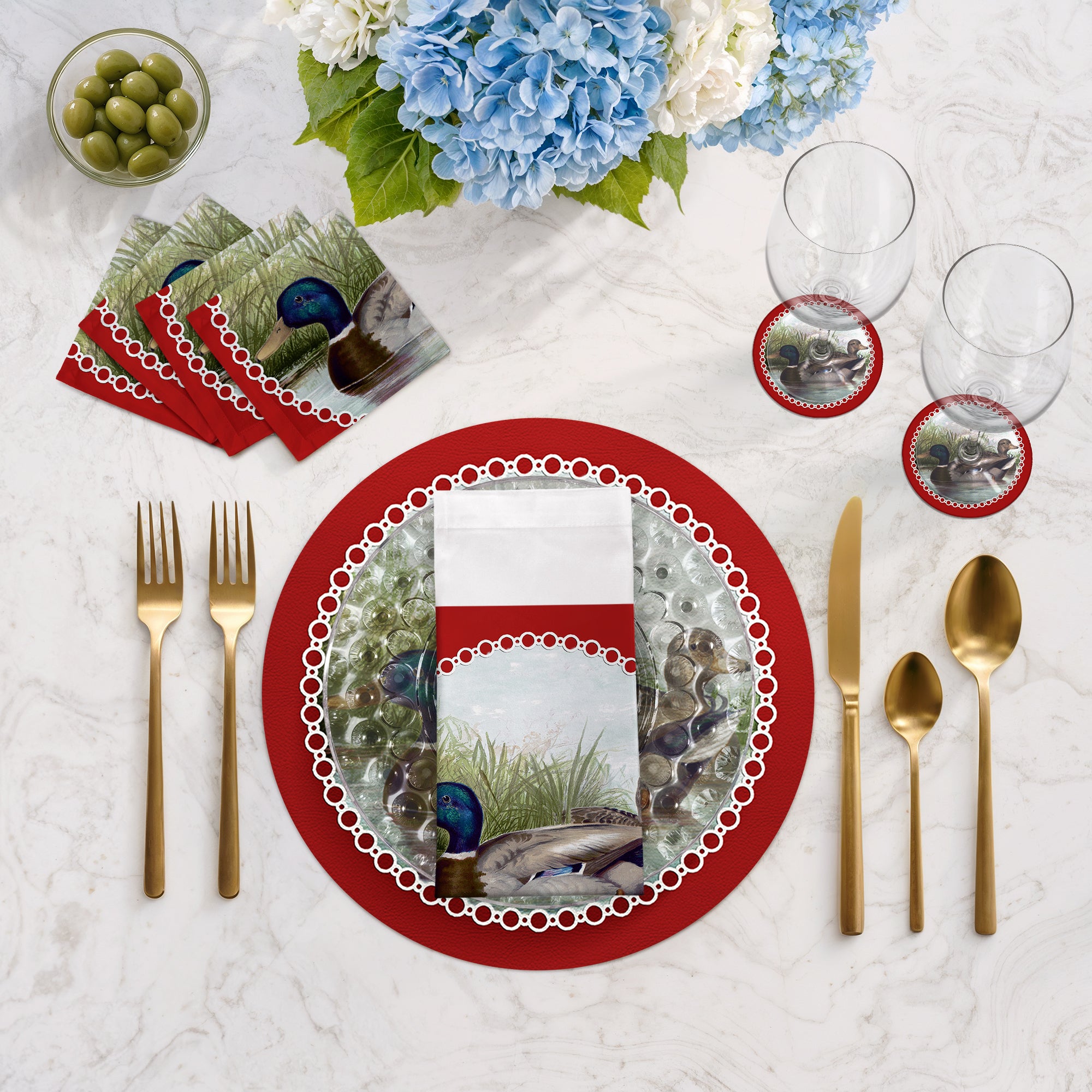 English Duck Pond Red 16" Round Pebble Placemats, Set of 4 - nicolettemayer.com