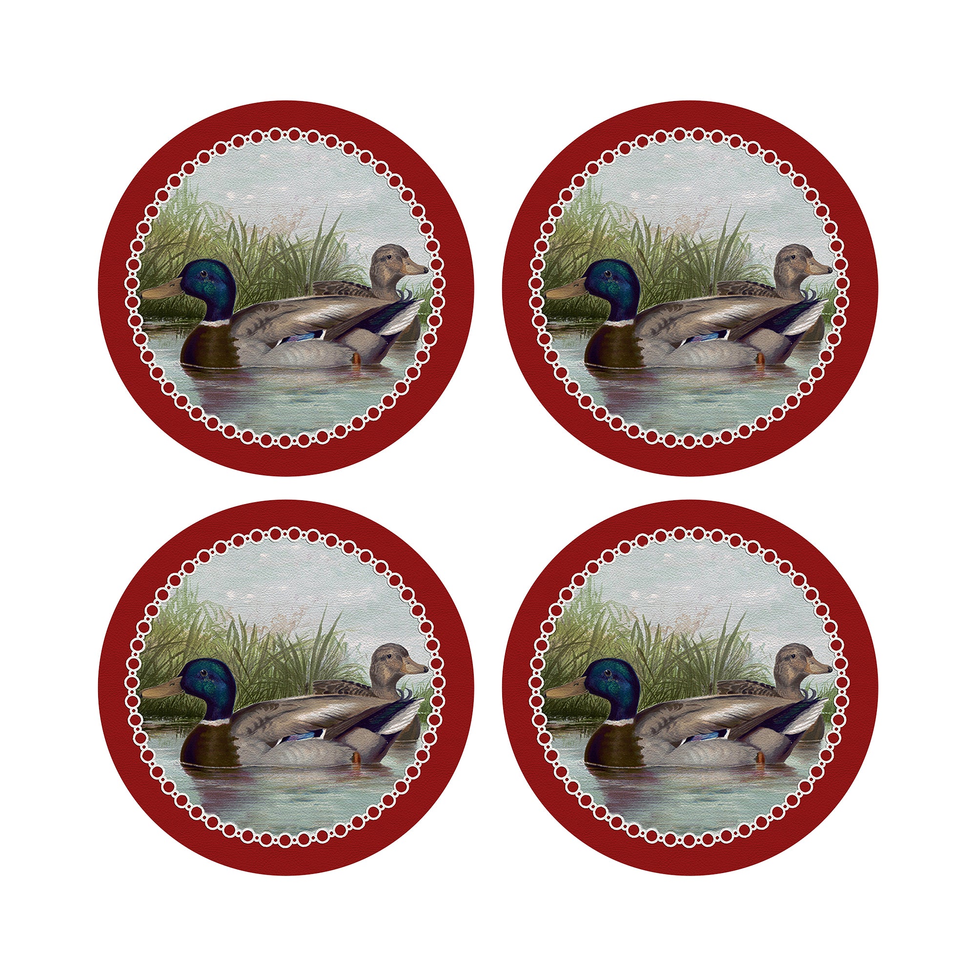 English Duck Pond Red Vegan Leather Round Pebble Placemat