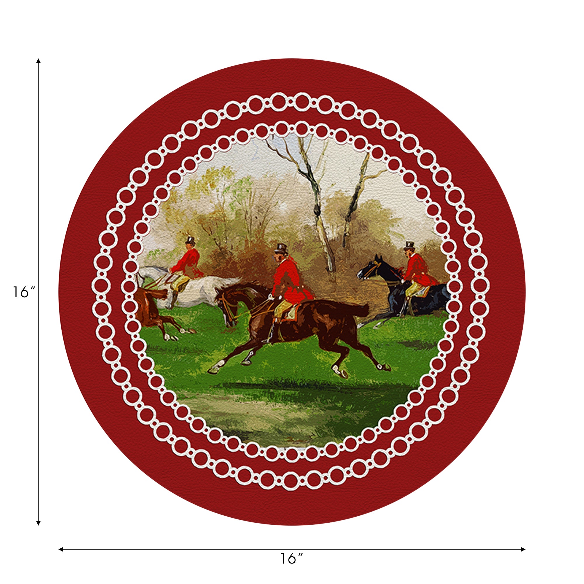Ensemble de 4 sets de table ronds en galets de 40 cm, motif chasse anglaise rouge